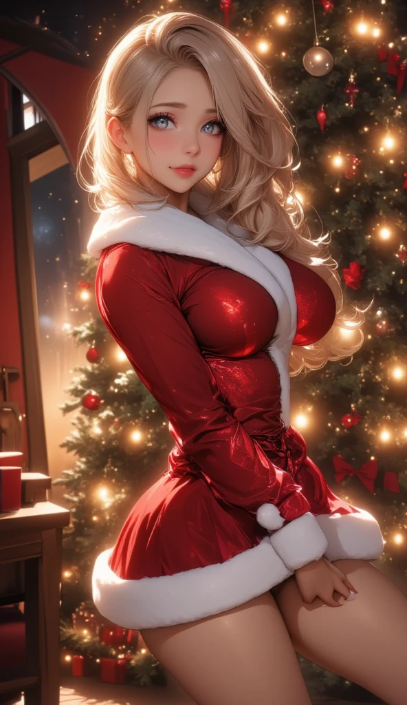 ((sit on floor alongside christmas tree without underwear)) ((tall beautiful female elf santa claus helper)), detailed beautiful face,((Perfect Big bright blue eyes)), ((elf ears)) ((dark eyeshadows make up)) ((bright red lipstick)), ((happy smile)) ((very long Realistic platinum blonde hair with bangs covering one eye)) ((huge beauty shape breasts:1.6)), ((perfect erect puffy nipples)),((perfect slender body:1.3)) ((wears micro red strappless christmas dress, ((micro short skirt)), gloves and long socks)), (((perfect beautiful nude pussy lips))), shiny oiled skin, (choker, christmas hat) ((sexy pose)) ((inside photo studio with lights reflectors on her)) ((christmas decoration, many gift box on display)), ((high definition:1.5), ((amazing lights and shadows)) ((masterpiece:1.5))((8k:1.5)) ((Best quality:1.4)), sharp focus, ((Extremely Realistic)), high resolution, 8k.