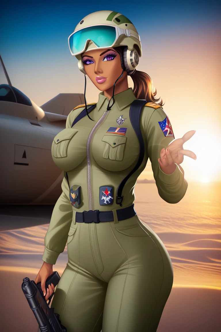 a beautiful Indonesian girl, sexy, big breasts, and curvaceous body shape, wearing sunglasses, wearing a complete pilot suit, holding a pilot's helmet, and all the tools needed are written on her clothes, sitting on the asphalt very tired, with the words "MS CREATOR" on the asphalt, the background of a fighter jet ship and the atmosphere of a jet airport landing, with light shining on it to make it more artistic and futuristic, making the girl even more beautiful, realistic, ultra FHD, 64k