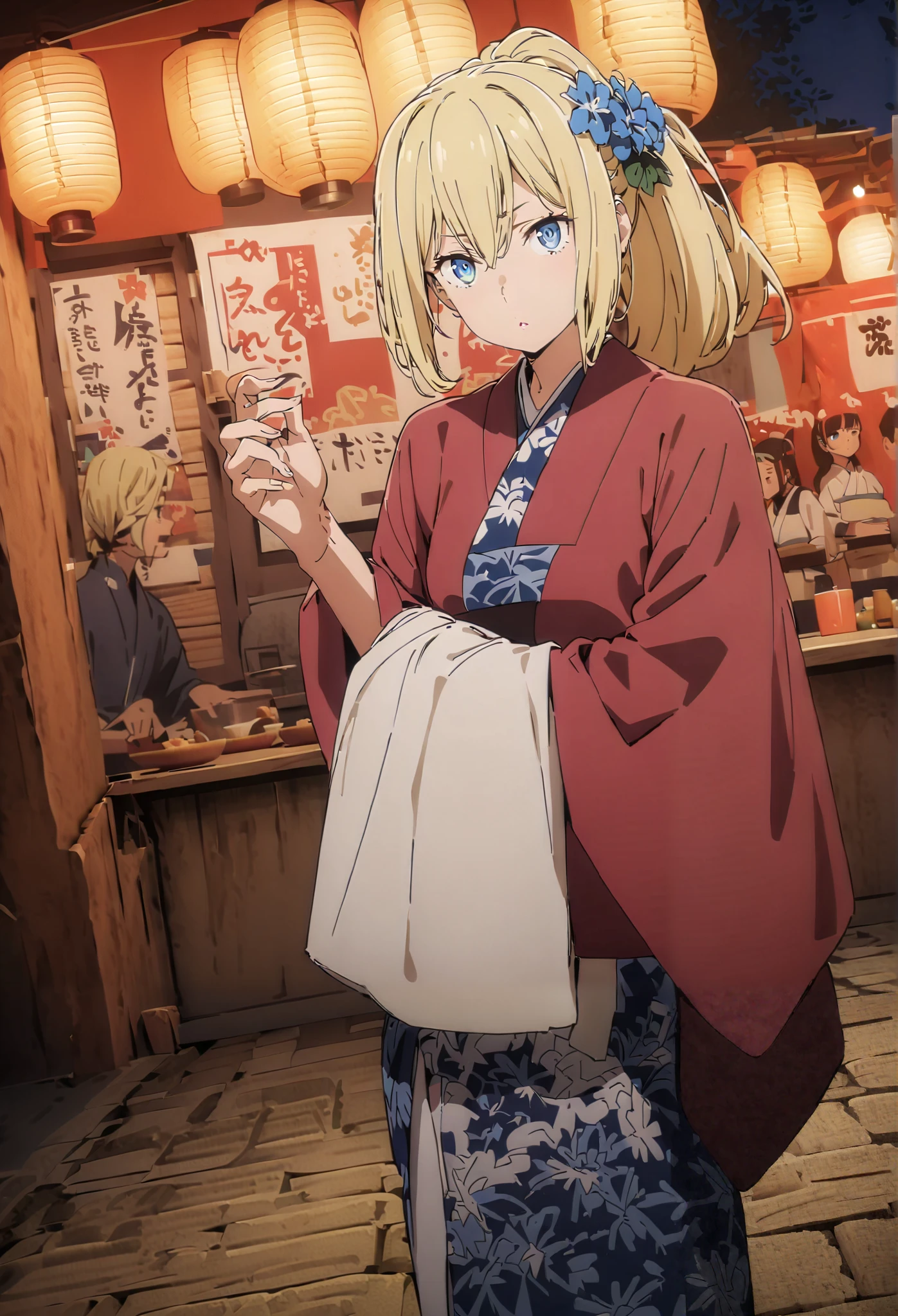 Eyes Wallenstein, Eyes Wallenstein,blond hair between eyes, headband, , and the eyes are, ponytail,flower hair ornament,Blue flower pattern kimono,standing,Light up fireworks,Red Lantern,Japanese stalls ,full bodyがillustrationsに入るように,break outdoors,Japanese festival,
break looking at viewer,full body,
break (masterpiece:1.2), best quality, high definition, Unity 8k 壁紙, (illustrations:0.8), (beautiful detailed eyes:1.6), Highly Detailed Face, so that it fits into the illustration, extremely detailed CG, (Perfect Hand, PERFECT ANATOMY),