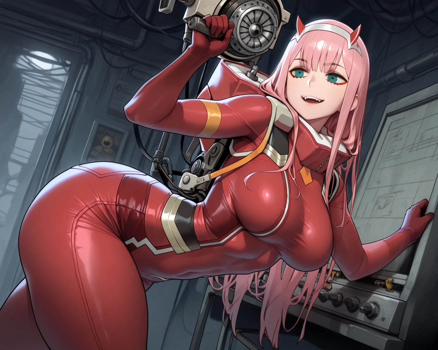 dynamic pose , dynamic angle , masterpiece , best quality , amazing quality , very aesthetic , absurdness , newest , highly detailed , high-resolution , beautiful , gorgeous , perfect skin , perfect body shape , thin waist , wide hips , thick thighs , big round butt , GG breasts , flat stomach , slight tone , stunning girl , toned body , satisfied expression , perfect make up , detailed eyes , solo , center of attention , darling in the Franxx , Zero Two , Zero Two clothing , Zero Two outfit , Dead by Daylight , Dead by Daylight generator , working on a generator , fixing generator , spooky , horror , 