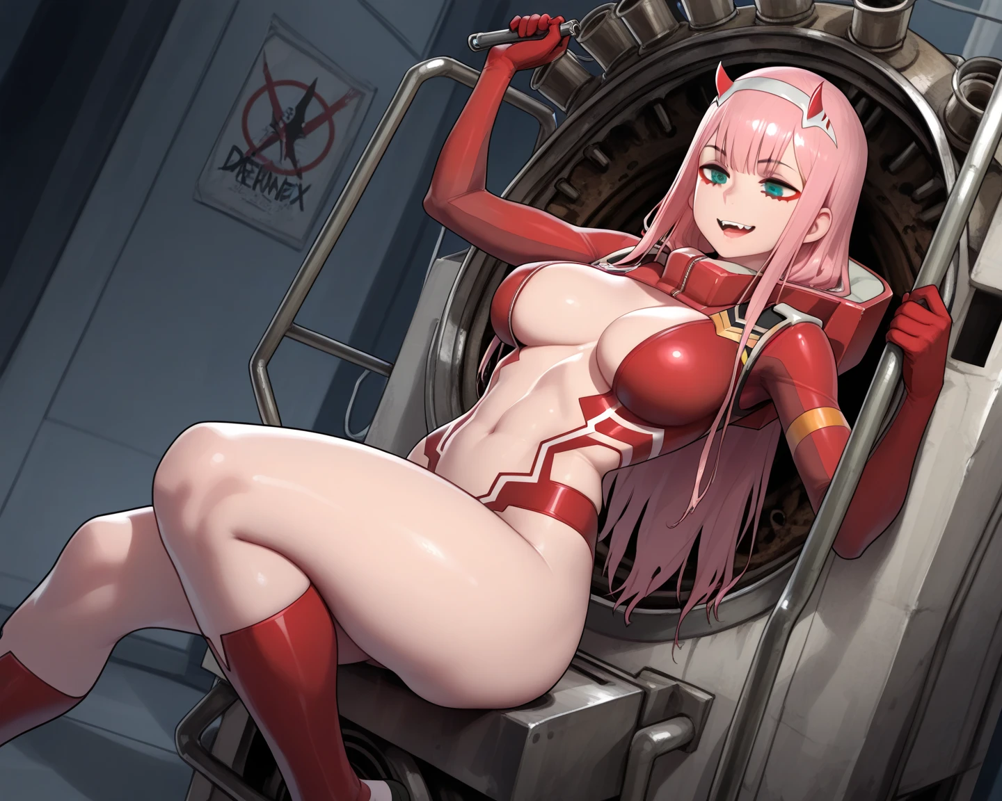 dynamic pose , dynamic angle , masterpiece , best quality , amazing quality , very aesthetic , absurdness , newest , highly detailed , high-resolution , beautiful , gorgeous , perfect skin , perfect body shape , thin waist , wide  , thick thighs , big round  , GG  , flat stomach , slight tone , stunning girl , toned body , satisfied expression , perfect make up , detailed eyes , solo , center of attention , darling in the Franxx , Zero Two , Zero Two clothing , Zero Two outfit , Dead by Daylight , Dead by Daylight generator , working on a generator , fixing generator , spooky , horror , 