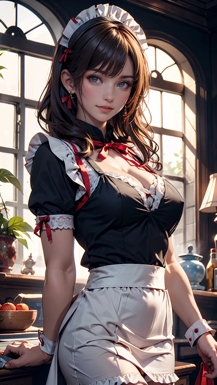masterpiece, Highest quality, High resolution, 1 and later, fujiwara chika, Maid dress, chest, Red ribbon, Blunt bangs, large chest, Cowboy Shot, smile, indoor, Sexy pose, chestを出して, Maid, meidofuku, black Maid dress, about, Maid about, mini skirt, Garter Straps, stockings, Hands Behind Back,Sexy proportions、Sexy、Narrow waist