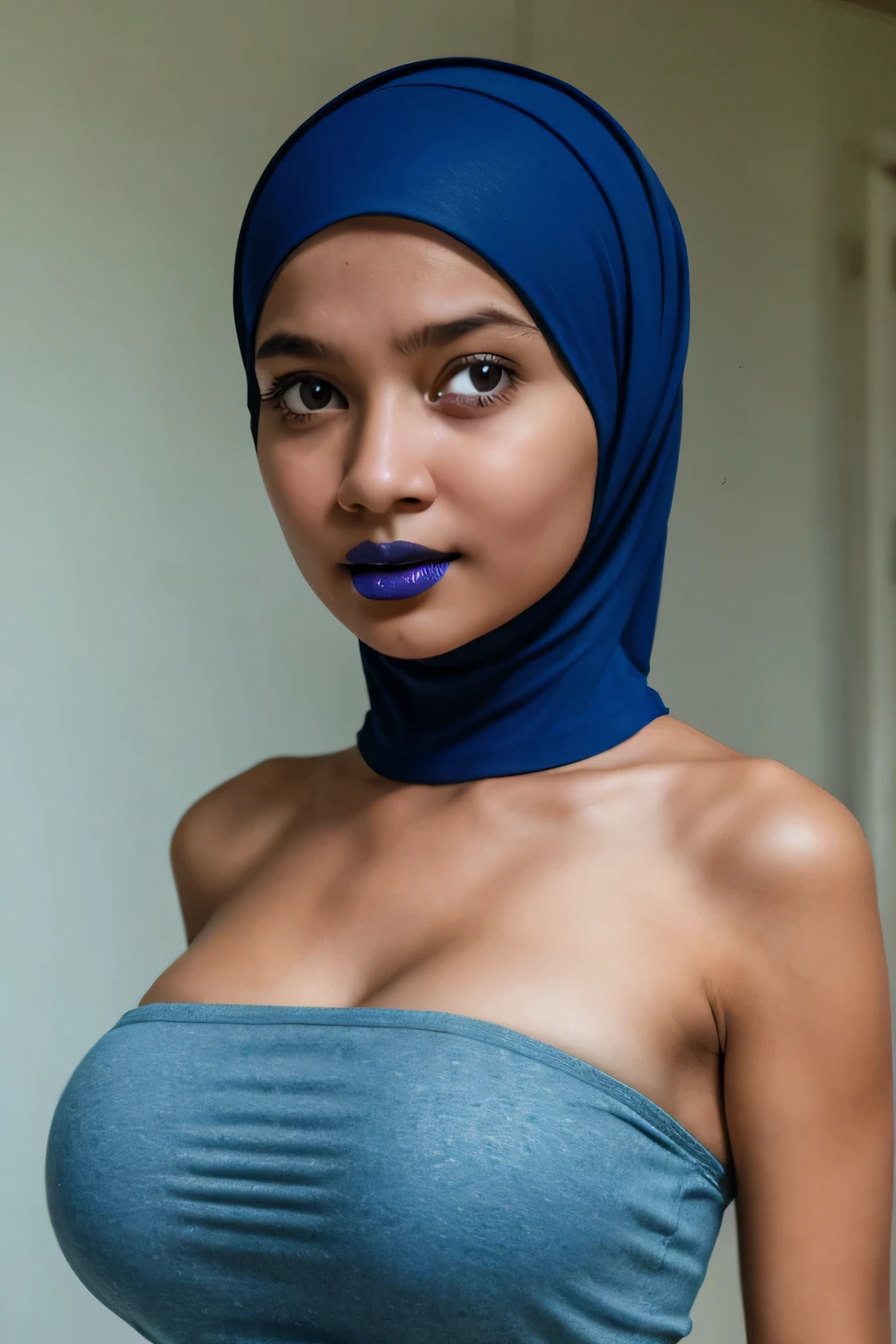 UHD quality, Skinny, green (fluorescence) Strapless Jumbo (Fatty), adorable, (1 girl), (face to face), , baby face, sad, half body portrait, (face details: 1), (eye details: 1), ((big breasts Solid:1.54)). wearing translucent (transparent) transparency (soft short t-shirt cropped) , hijab, .. Cute posed. proportional body. Ultra High Res. realistic: 1.4, UHD, view from side seductive pose, (viddinillah:1.3), (Dark Blue Lipstick:1.2), (very details crying sad face expressions:1.0) LITTLE SMALL GIRLS, LITTLE SMALL GIRLS, LITTLE SMALL GIRLS, (black tone skin:1.1) 