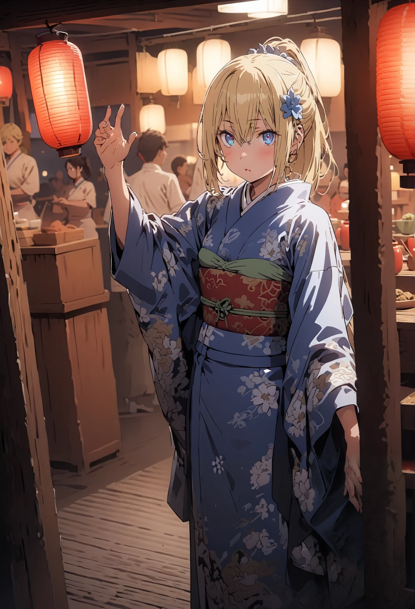 Eyes Wallenstein, Eyes Wallenstein,blond hair between eyes, headband, , and the eyes are, ponytail,flower hair ornament,Blue flower pattern kimono,standing,Light up fireworks,Red Lantern,Japanese stalls ,full bodyがillustrationsに入るように,break outdoors,Japanese festival,
break looking at viewer,full body,
break (masterpiece:1.2), best quality, high definition, Unity 8k 壁紙, (illustrations:0.8), (beautiful detailed eyes:1.6), Highly Detailed Face, so that it fits into the illustration, extremely detailed CG, (Perfect Hand, PERFECT ANATOMY),