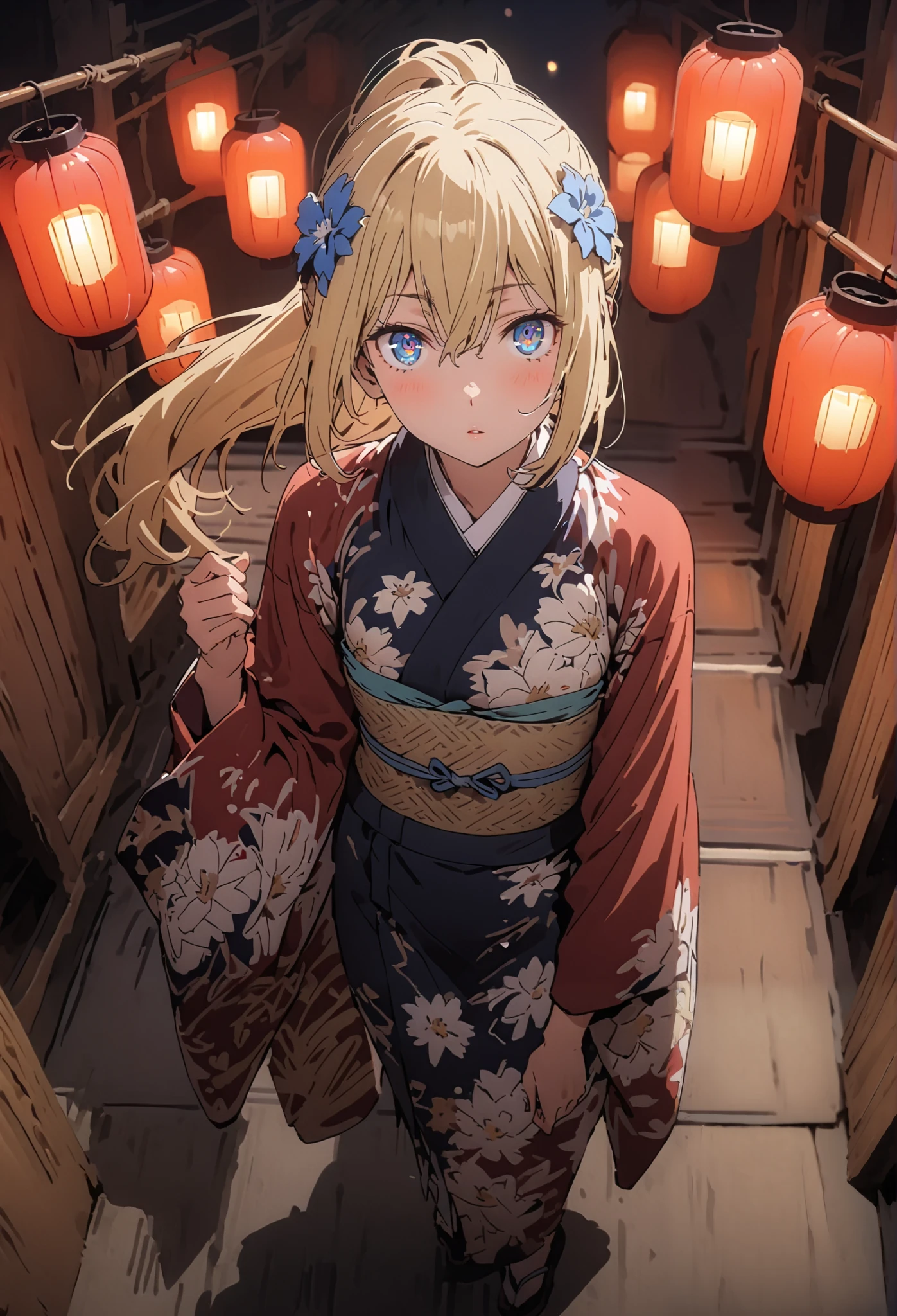 Eyes Wallenstein, Eyes Wallenstein,blond hair between eyes, headband, , and the eyes are, ponytail,flower hair ornament,Blue flower pattern kimono,standing,Light up fireworks,Red Lantern,Japanese stalls ,full bodyがillustrationsに入るように,break outdoors,Japanese festival,
break looking at viewer,full body,
break (masterpiece:1.2), best quality, high definition, Unity 8k 壁紙, (illustrations:0.8), (beautiful detailed eyes:1.6), Highly Detailed Face, so that it fits into the illustration, extremely detailed CG, (Perfect Hand, PERFECT ANATOMY),