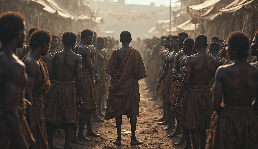 Ngungunhane, captured and restrained in chains, is being led away by Portuguese soldiers. He is dressed in tattered warrior attire with a defiant expression on his face. The setting is a rugged, harsh environment, with a stark contrast between the captor’s European-style uniforms and Ngungunhane’s traditional clothing.