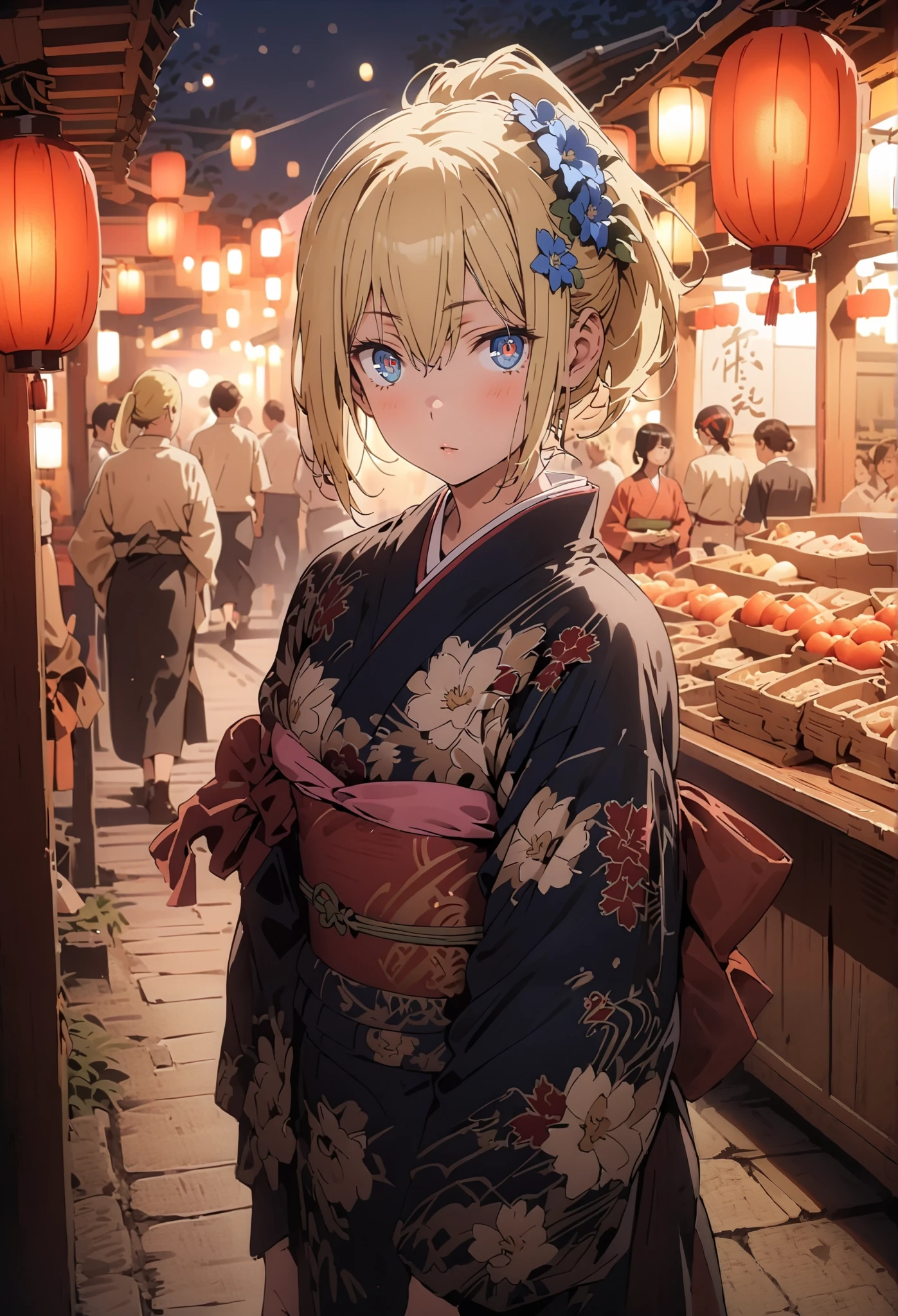 Eyes Wallenstein, Eyes Wallenstein,blond hair between eyes, headband, , and the eyes are, ponytail,flower hair ornament,Blue flower pattern kimono,standing,Light up fireworks,Red Lantern,Japanese stalls ,full bodyがillustrationsに入るように,break outdoors,Japanese festival,
break looking at viewer,full body,
break (masterpiece:1.2), best quality, high definition, Unity 8k 壁紙, (illustrations:0.8), (beautiful detailed eyes:1.6), Highly Detailed Face, so that it fits into the illustration, extremely detailed CG, (Perfect Hand, PERFECT ANATOMY),