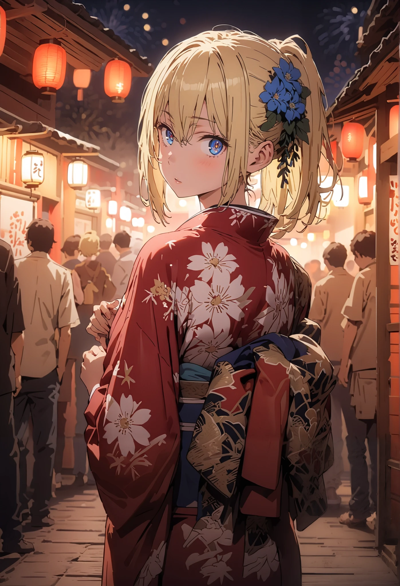 Eyes Wallenstein, Eyes Wallenstein,blond hair between eyes, headband, , and the eyes are, ponytail,flower hair ornament,Blue flower pattern kimono,standing,Light up fireworks,Red Lantern,Japanese stalls ,full bodyがillustrationsに入るように,break outdoors,Japanese festival,
break looking at viewer,full body,
break (masterpiece:1.2), best quality, high definition, Unity 8k 壁紙, (illustrations:0.8), (beautiful detailed eyes:1.6), Highly Detailed Face, so that it fits into the illustration, extremely detailed CG, (Perfect Hand, PERFECT ANATOMY),