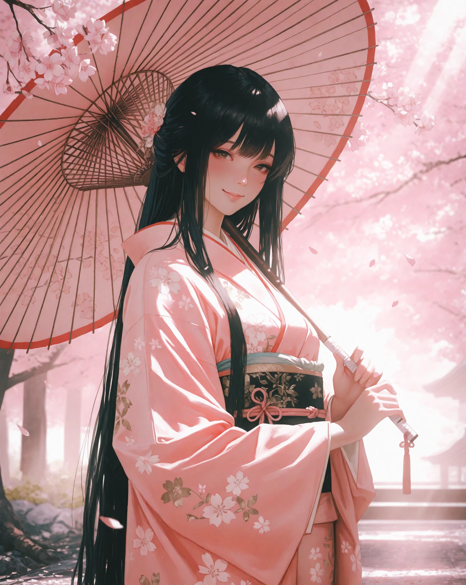 {1woman, beautiful Japanese woman, long flowing black hair, wearing an elegant pastel kimono with delicate floral patterns, standing under cherry blossoms in full bloom, soft pink petals gently falling around her, warm spring sunlight filtering through the branches, smiling softly with a tender expression, holding a traditional paper umbrella, romantic and serene atmosphere, slightly blushed cheeks, dreamy and enchanting gaze, (realistic, anime style, ultra-detailed, intricate details, soft cinematic lighting, 8k, highres, masterpiece, best quality), vibrant colors, depth of field, hyperrealistic textures, warm and dreamy ambiance}
