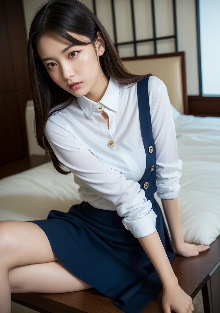 top-quality,ultra-detailliert,​masterpiece,realisitic,Photo Real,Bright lighting,1 girl in, an extremely beautiful 17-year-old girl, (kawaii:1.2),Thin smile, (Brown eyes),(brown haired),(bangss),perfect glossy skin,flawless skin,((erotick,Sexy and sexually explicit)),((accurate hands without incongruity)), large full breasts,big breasts thin waist, Look at viewers,((a sailor suit)),((Short sleeve uniform white shirt)),(red necktie),(Blue Mini Pleated Skirt),(((skirt lift by yourself))),(lifted by self),(Showing panties),panties on,panties focus,((Sit up,spread legswide)), sockes, (Black knee socks),(Loafer shoes), during daytime,On the train,Horizontal long seat with your back to the window