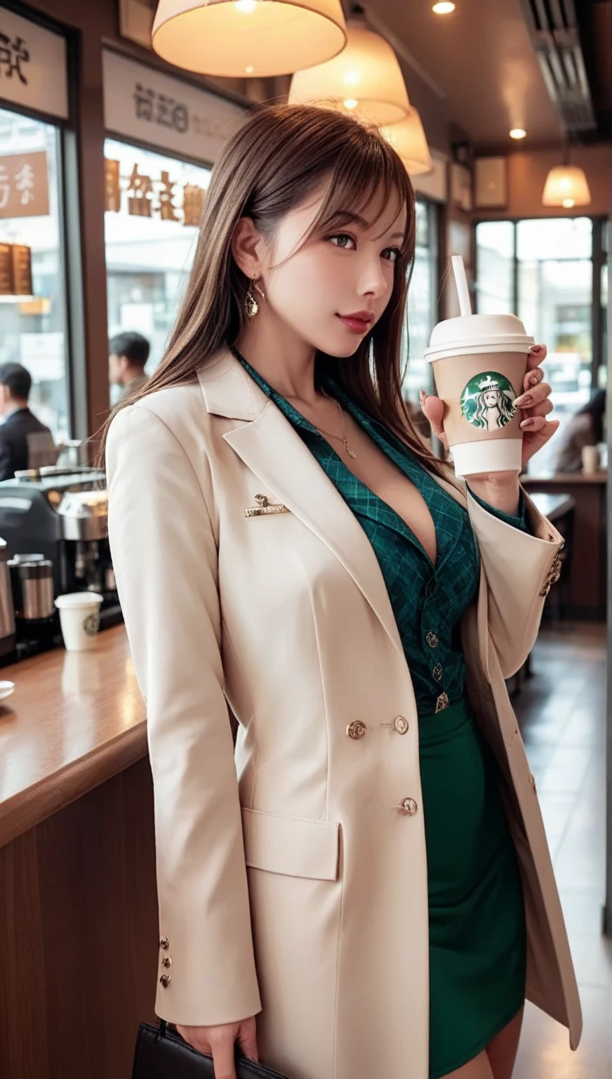 (((desi girl))), chubby face, natural fair skin, wearing only blazer, charming black hair, ((hair ends are blonde)), huge breasts, deep cleavage, holding Starbucks coffee, indian temples in background, bokeh