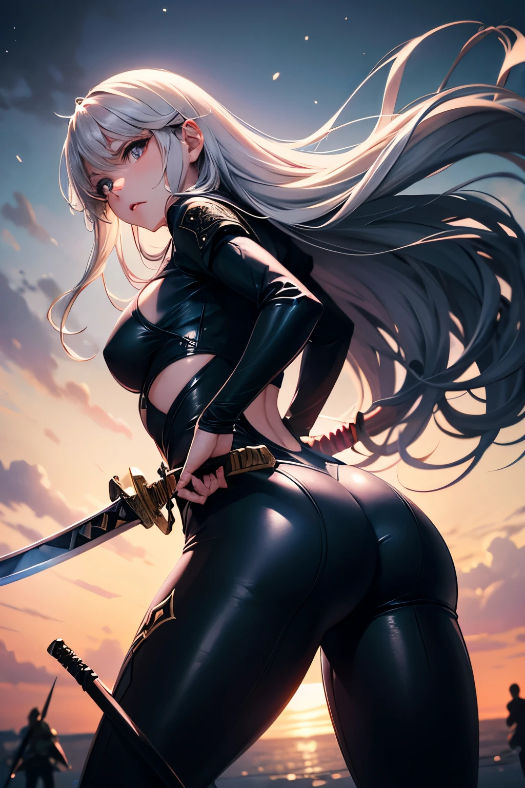 ((blood droplets)), ((blood)), ((blood splatter)), ((blood on clothes)) ((blood stain)), Masterpiece, Superior image quality, high resolution, 4k image,photo and gross, photorealistic, whole body, Torn clothes, 1 young blonde of 15 years, fighting pose, {{{vagina}}}, big breasts, beautiful face, Long blonde hair, blue eyes, very detailed eyes, serious expression, choker:1.6, (white collar button down long sleeve shirt), black gloves, gloves that cover hands, (wields a sword in his right hand), (black leather corset), (shiny black leggings), Sensual Lips, show details in the eyes, view from behind, perfect ass, looking at the viewer, standing on the shore of a lagoon, gloomy lagoon, Atmosphere, crimson sky