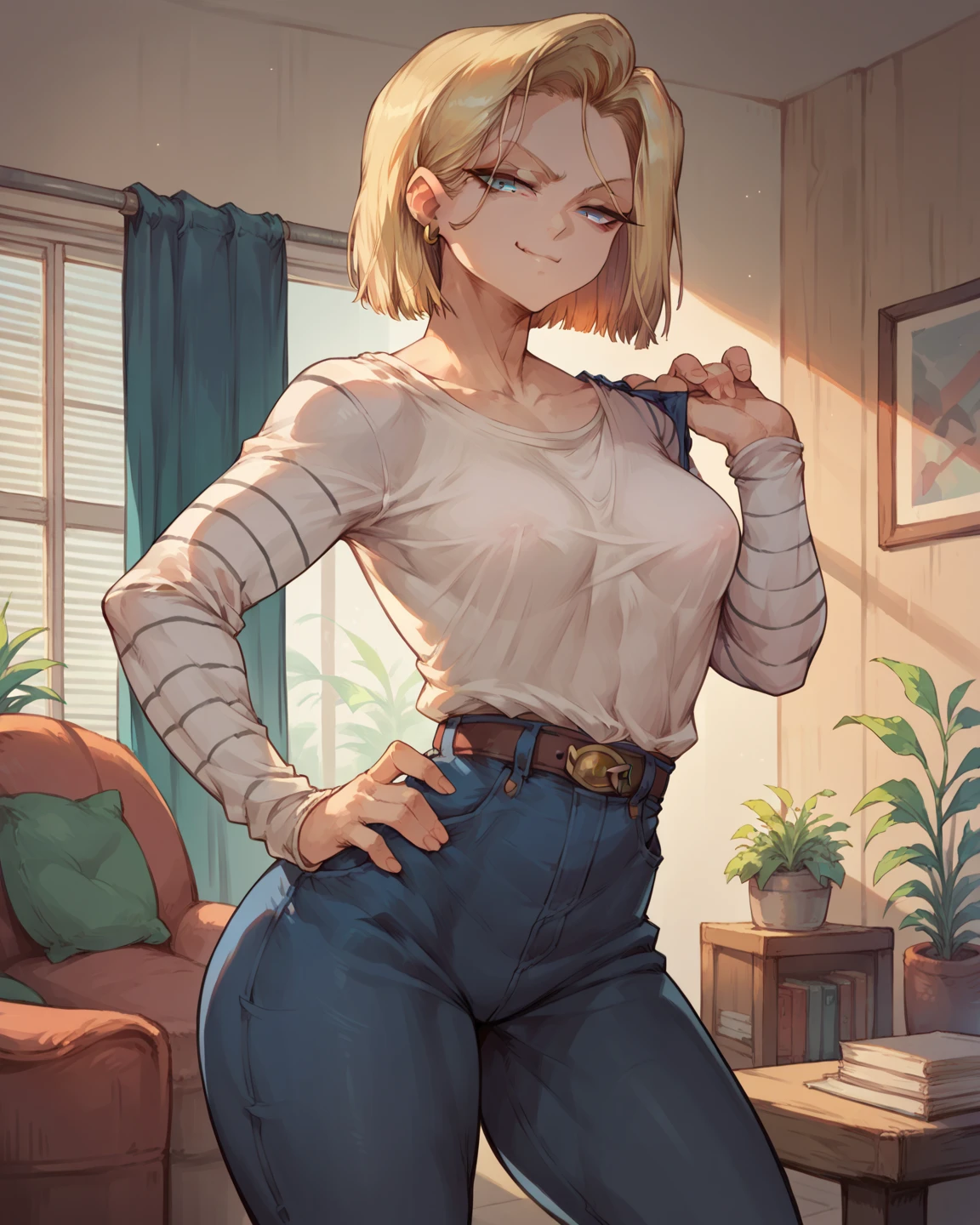 Best quality, anime style masterpiece, (solo:1.1), bottom view, housewife, milf crouching cleaning wooden floor, sexy milf in shorts, headscarf, short jeans, denim shorts, see-through wet low-cut tank top, clothes wet, crouching woman cleaning floor with cloth, headscarf, classic Japanese house, bottom view, low angle image, forced perspective