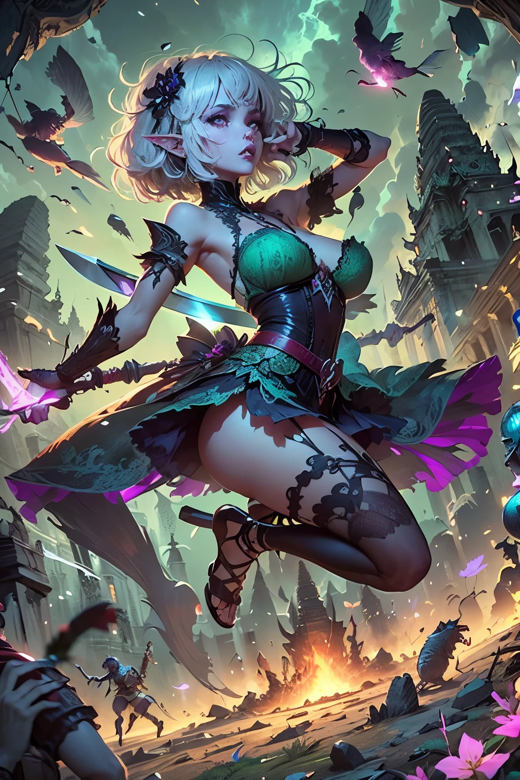 (Ultra-detailed face, Looking away, Gothic Illustration, Dark tone colors.), BREAK
(An ancient fortified city like Angkor Wat in medieval Asia. Scenes of battle with orcs on the battlefield. Fantastic. Mysterious.), BREAK
(A young female dark elf swordsman screams and roars, twisting her body in a daring pose, slashing orcs from the bottom up with a slender, slightly warped sword in her hand. The orcs are trying to swing down at her with large bush knives. The woman is depicted from a viewpoint looking down on her from above.), BREAK
(She has white hair and white eyebrows, crisp bangs, shoulder-length messy, wavy hair, small pink lips, lavender eyes, dark purple skin, and eyeliner.), (She wears an Asian-inspired lace-up dress sewn from a crimson lace fabric with cherry blossom embroidery. She wears sandals woven with thin strings of dark green soft leather.)