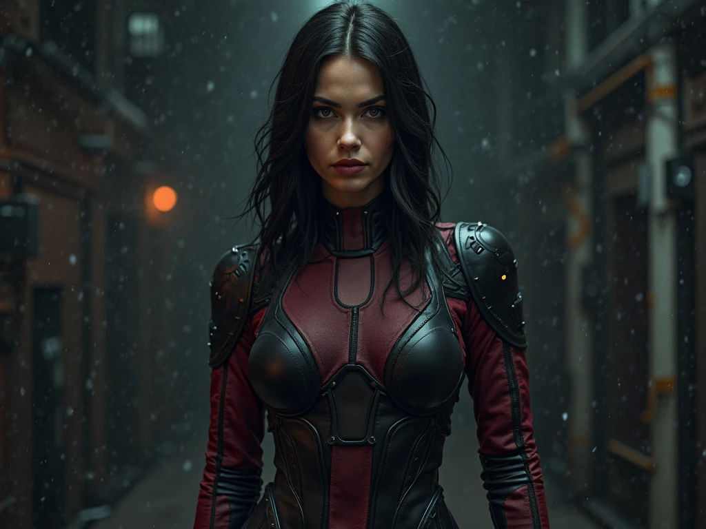 A beautiful woman with long black hair wearing a leather jumpsuit Captain America costume kneeling screaming exhausted after an extensive battle blood around her reflection of her in her blood apocalyptic city cars and buildings on fire Marvel Studios logo