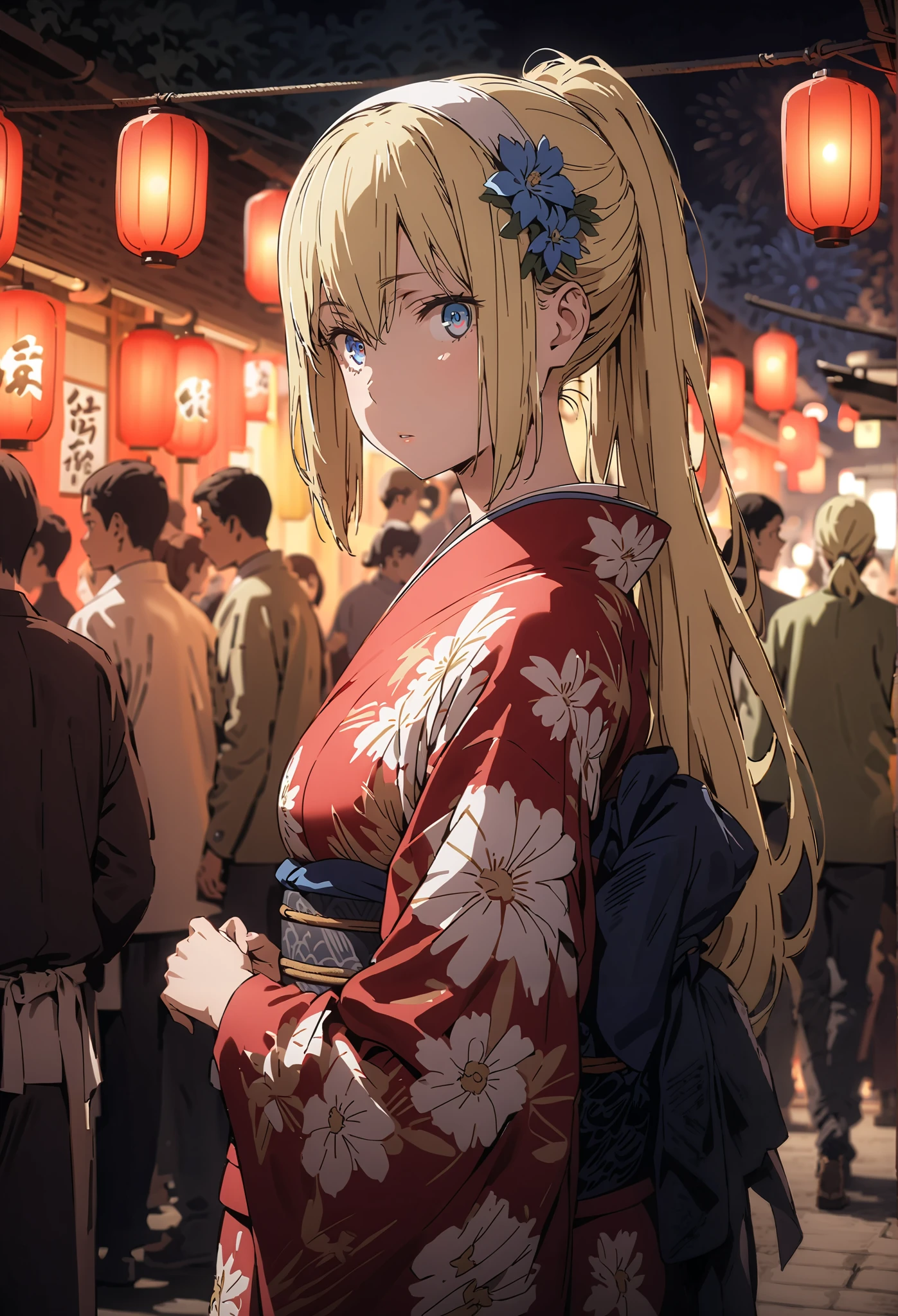 Eyes Wallenstein, Eyes Wallenstein,blond hair between eyes, white hair band, , and the eyes are, ponytail,flower hair ornament,Blue flower pattern kimono,standing,Light up fireworks,Red Lantern,Japanese stalls ,full bodyがillustrationsに入るように,break outdoors,Japanese festival,
break looking at viewer,full body,
break (masterpiece:1.2), best quality, high definition, Unity 8k 壁紙, (illustrations:0.8), (beautiful detailed eyes:1.6), Highly Detailed Face, so that it fits into the illustration, extremely detailed CG, (Perfect Hand, PERFECT ANATOMY),