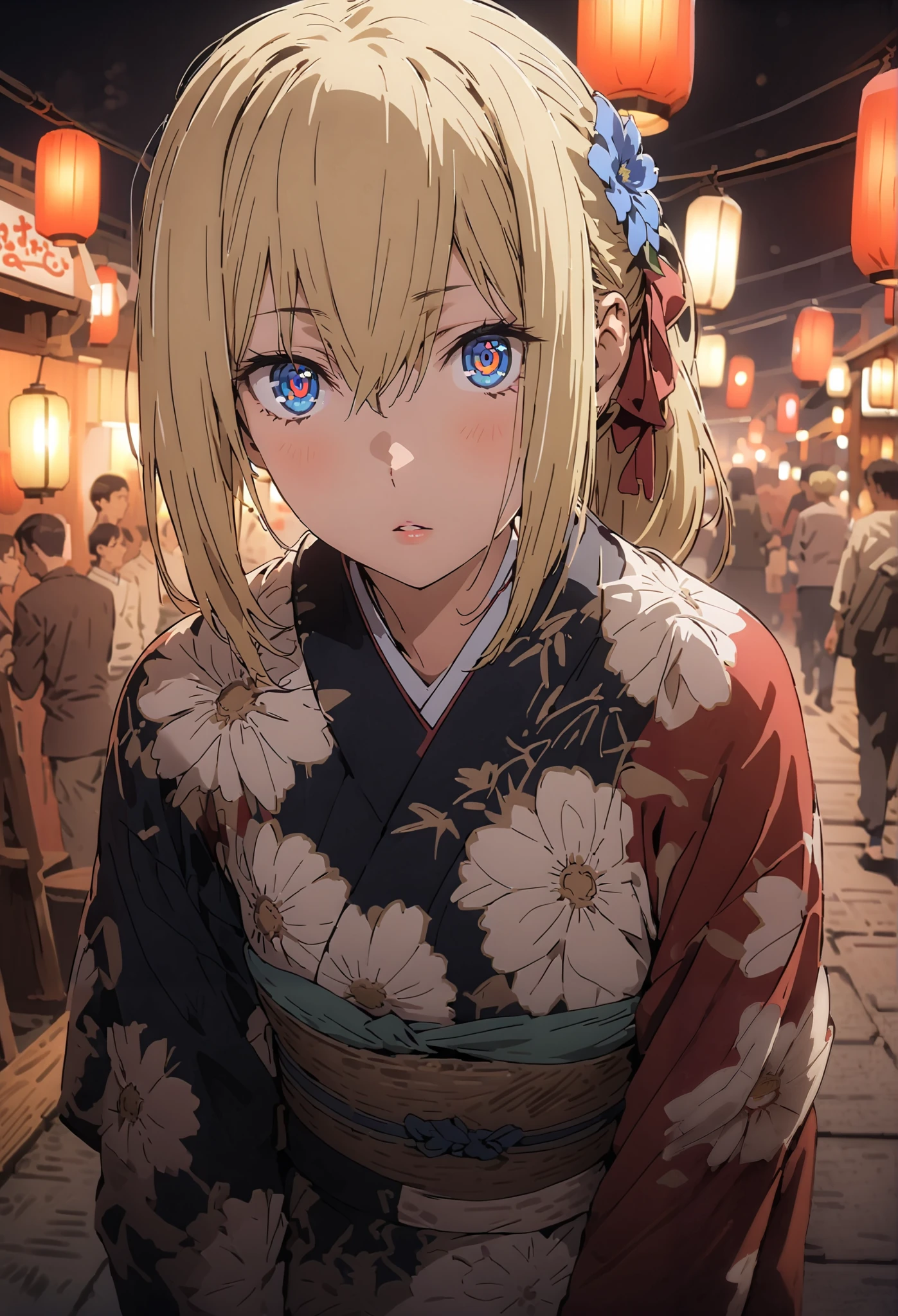 Eyes Wallenstein, Eyes Wallenstein,blond hair between eyes, headband, , and the eyes are, ponytail,flower hair ornament,Blue flower pattern kimono,standing,Light up fireworks,Red Lantern,Japanese stalls ,full bodyがillustrationsに入るように,break outdoors,Japanese festival,
break looking at viewer,full body,
break (masterpiece:1.2), best quality, high definition, Unity 8k 壁紙, (illustrations:0.8), (beautiful detailed eyes:1.6), Highly Detailed Face, so that it fits into the illustration, extremely detailed CG, (Perfect Hand, PERFECT ANATOMY),