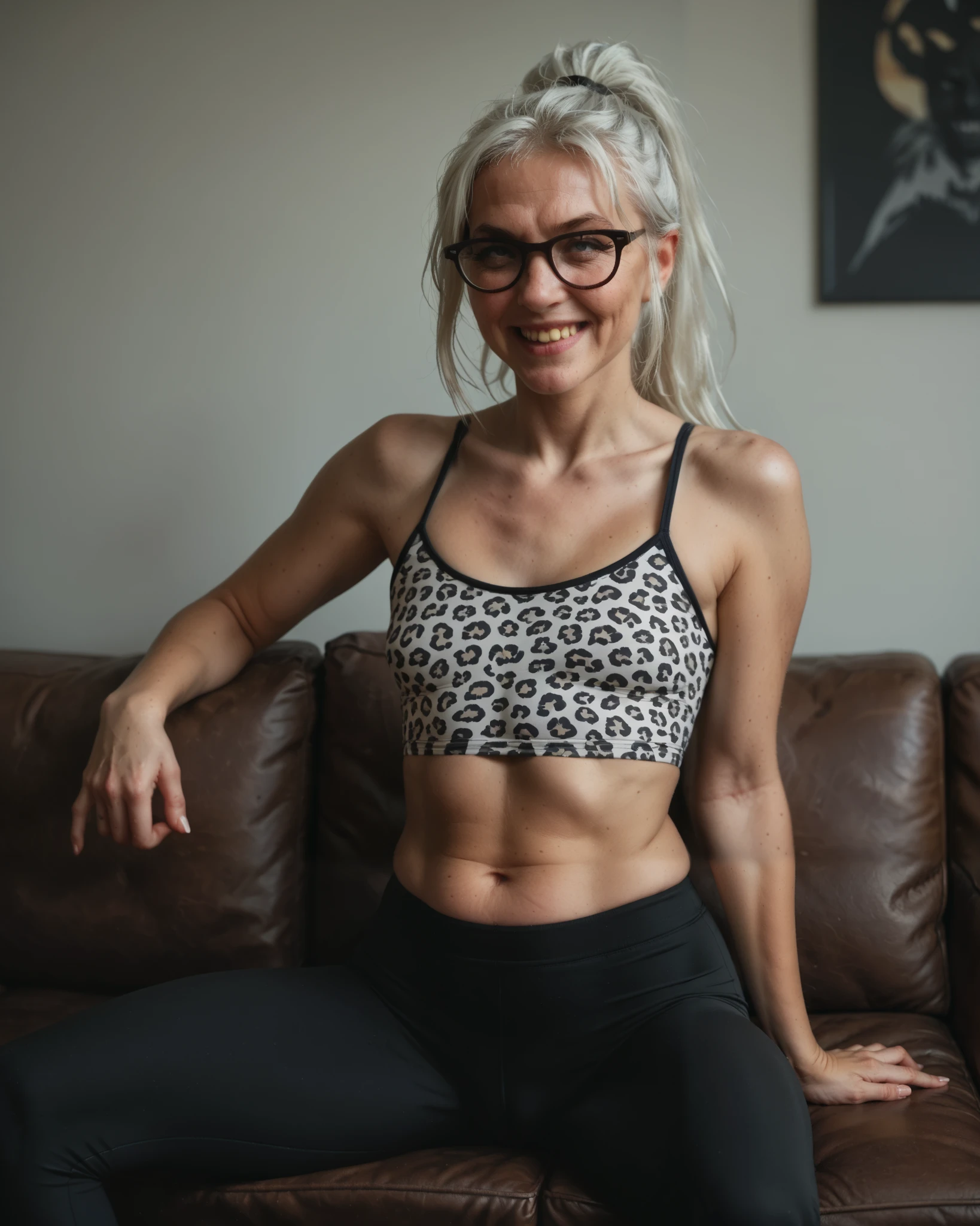 portrait of a mature Caucasian woman with white hair and acne posing on a sofa, R1, rough face skin, small breasts, 40s, short lean body type, ponytail, glasses with black frames, panther print crotches yoga pants, soft smile