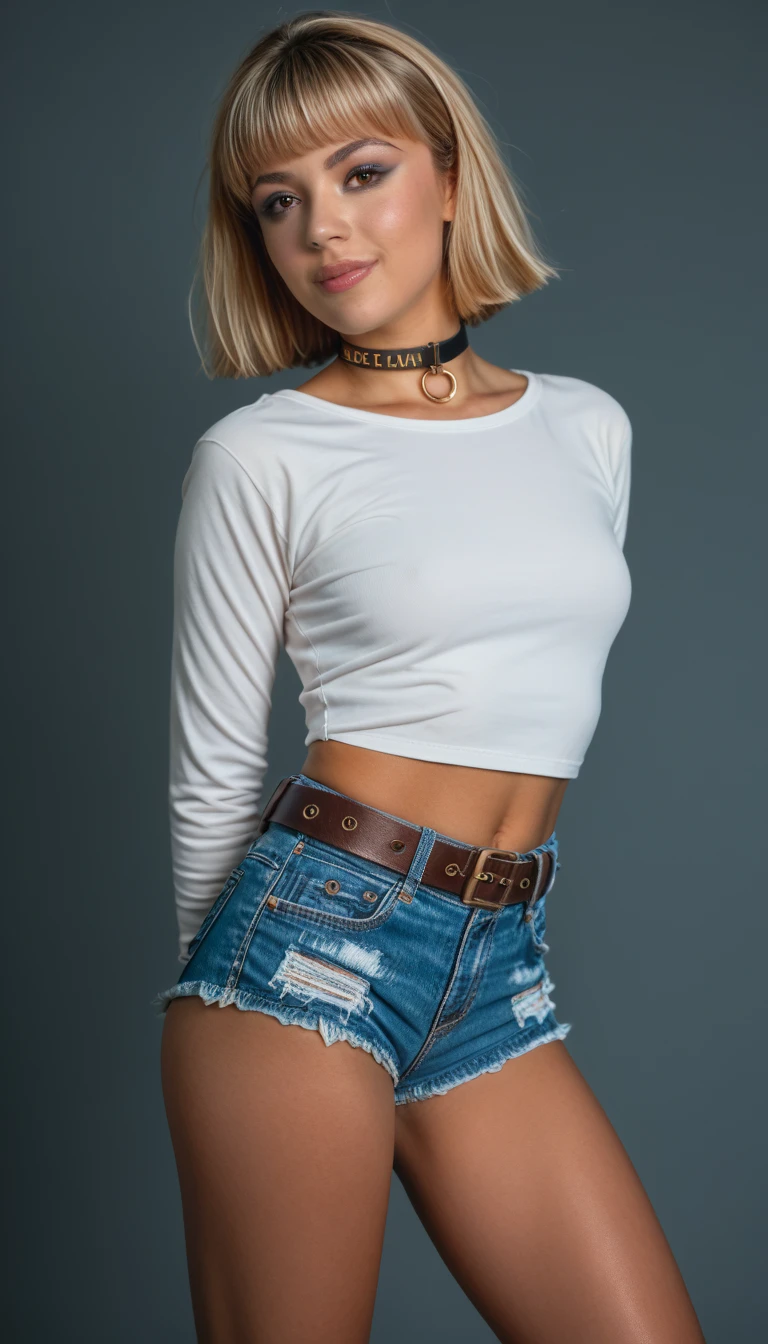 um close de uma mulher de camisa branca e jeans, a menor barriga de todos os tempos, usando um top cropped sexy, foto de modelo de garota magra, physicist : a menor barriga de todos os tempos, vestindo um top cortado, barriga exposta, her belly button is exposed, 2 modelo feminino de 4 anos, linda barriga