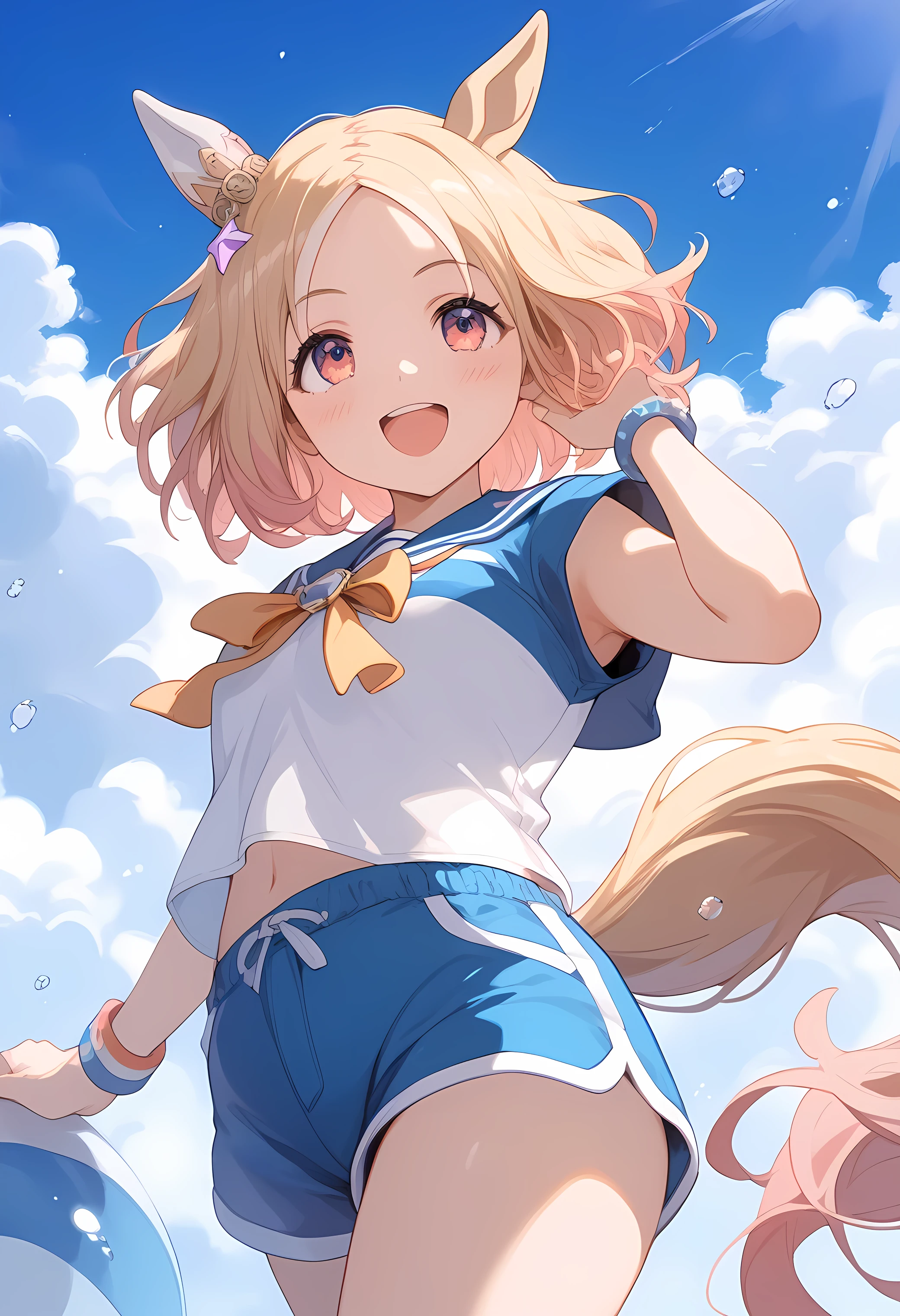 nsfw,narita, horse tail, short hair, animal ears, ear ornament, ear covers, single ear cover, 1 girl, solo, anime style,cute girl,best quality, super detailed, anime style,8k, high definition, detailed images,((( standing))),(((with your legs open))),(((Pink panties))),(((Beige dolphin shorts with a puffy micro mini hem))),(((キャラクーの真下のClose-up image looking up from the inseam))),(((Close-up image of the character from the inseam))),((I'm looking at this)),(make you feel ashamed),Dyed slightly red on the cheeks,best image quality,best quality,precise face,(blue sky),((smooth thighs)),(((Close-up image looking up from the thigh))),((Close-up image looking up from the inseam))