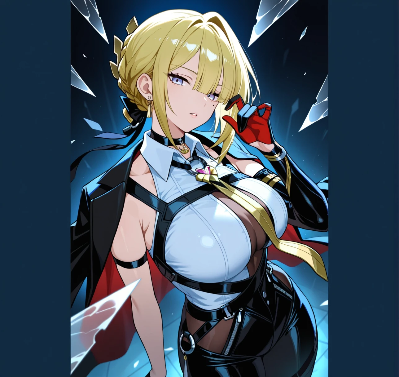 NSFW、(masutepiece、of the highest quality、Best Quality、Official art、Beautiful CG,)artoria、Colossal tits、Photorealsitic、(Rolling eyes:1.5)、masturbation、Smile embarrassedly、Heart symbol in the eye、NSFW、Vegas Casinos、Slingshot swimsuit、Navel costume、neck tie、tights