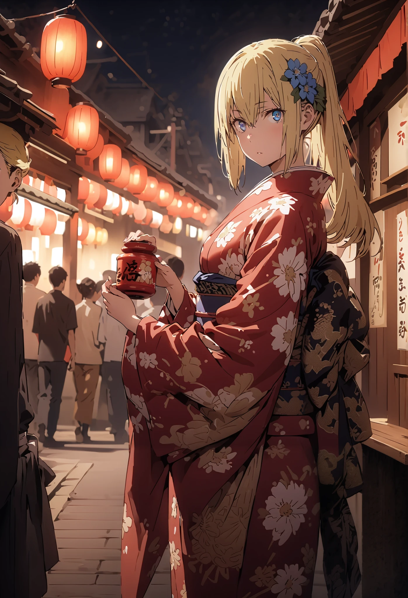 Eyes Wallenstein, Eyes Wallenstein,blond hair between eyes, headband, , and the eyes are, ponytail,flower hair ornament,Blue flower pattern kimono,standing,Light up fireworks,Red Lantern,Japanese stalls ,full bodyがillustrationsに入るように,break outdoors,Japanese festival,
break looking at viewer,full body,
break (masterpiece:1.2), best quality, high definition, Unity 8k 壁紙, (illustrations:0.8), (beautiful detailed eyes:1.6), Highly Detailed Face, so that it fits into the illustration, extremely detailed CG, (Perfect Hand, PERFECT ANATOMY),