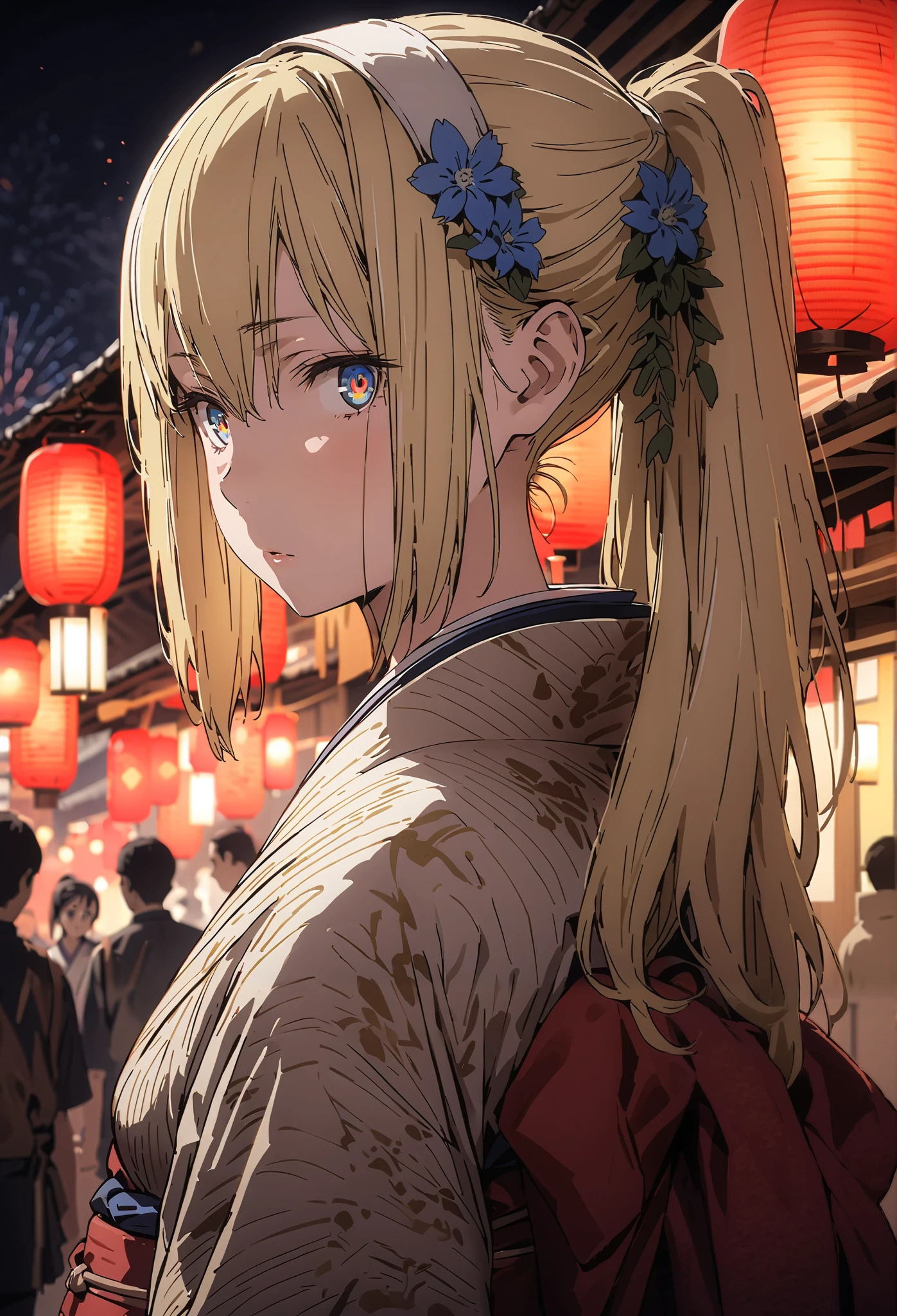 Eyes Wallenstein, Eyes Wallenstein,blond hair between eyes, white hair band, , and the eyes are, ponytail,flower hair ornament,Blue flower pattern kimono,standing,Light up fireworks,Red Lantern,Japanese stalls ,full bodyがillustrationsに入るように,break outdoors,Japanese festival,
break looking at viewer,full body,
break (masterpiece:1.2), best quality, high definition, Unity 8k 壁紙, (illustrations:0.8), (beautiful detailed eyes:1.6), Highly Detailed Face, so that it fits into the illustration, extremely detailed CG, (Perfect Hand, PERFECT ANATOMY),