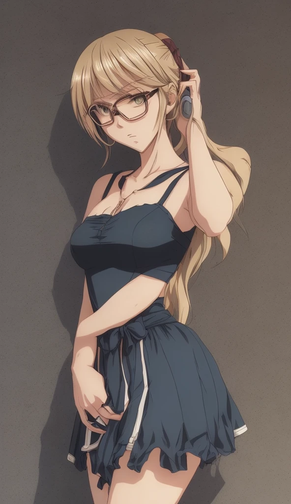 masterpiece, highres, solo, 8k, detailed, perfect face, (ultra high quality), looking viewers, collar bones, big breast, cleavage, blonde hair, green eyes, belly, stomach, navel, slim body, smile, crop tanktop, denim short, mini short, blush, thigh