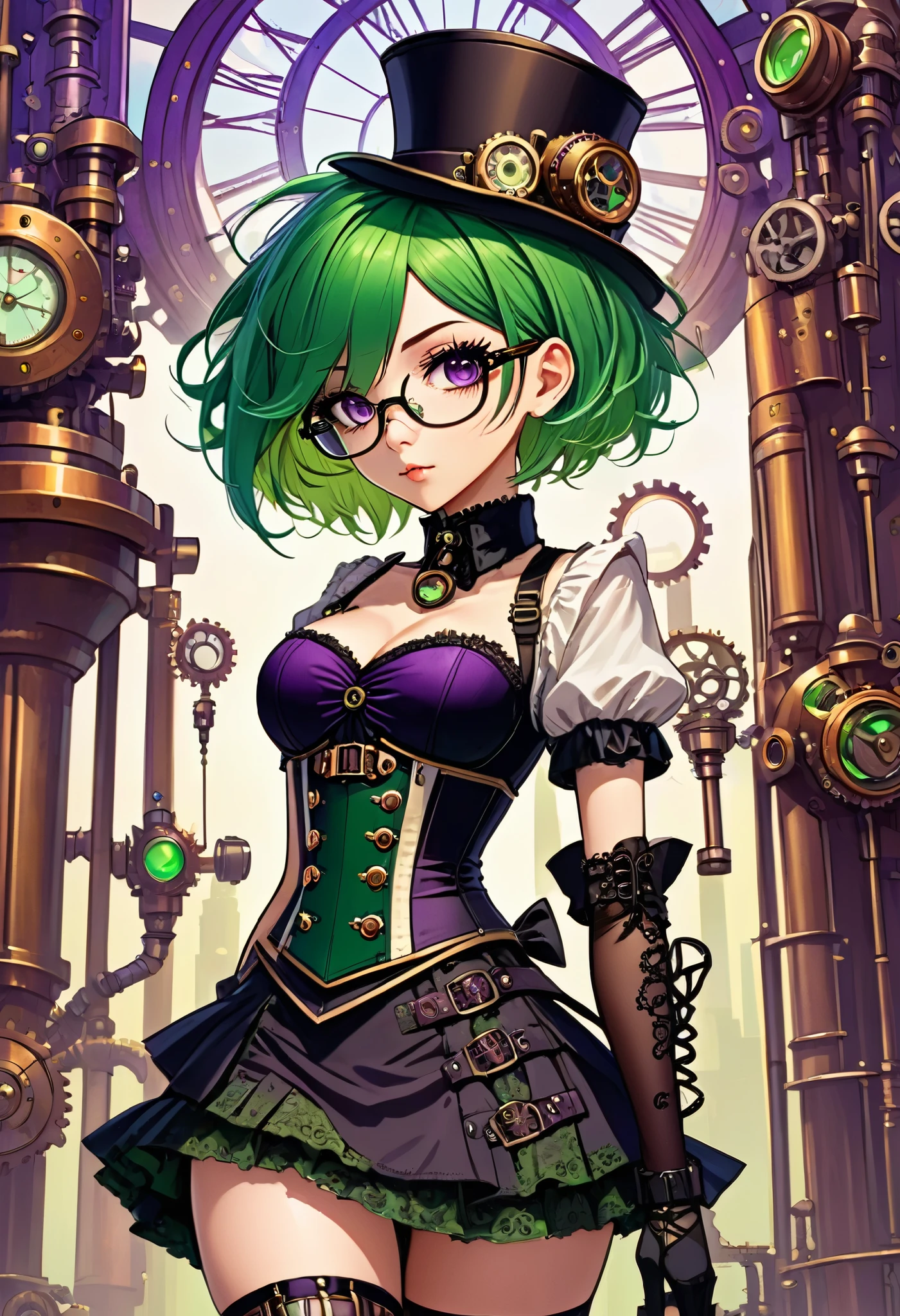 Anime style illustration, female with glasses, steampunk style, short green hair, pretty detailed purple eyes, corset, tight skirt, neo-goth elements mixed with steampunk style, science-core, kawaii-core, makeup, intricate details, upper dynamic angle, masterful technique