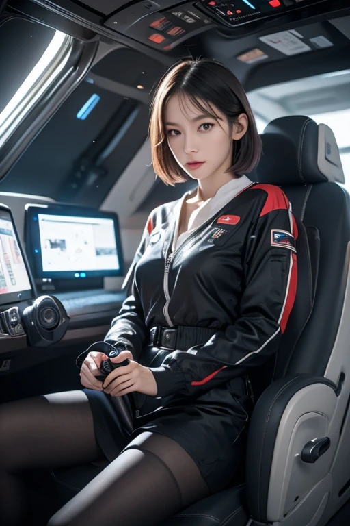 1 cute girl, sexy tight sci-fi clothing, on board sci-fi spaceship, as little as possible clothing, show planet in big window