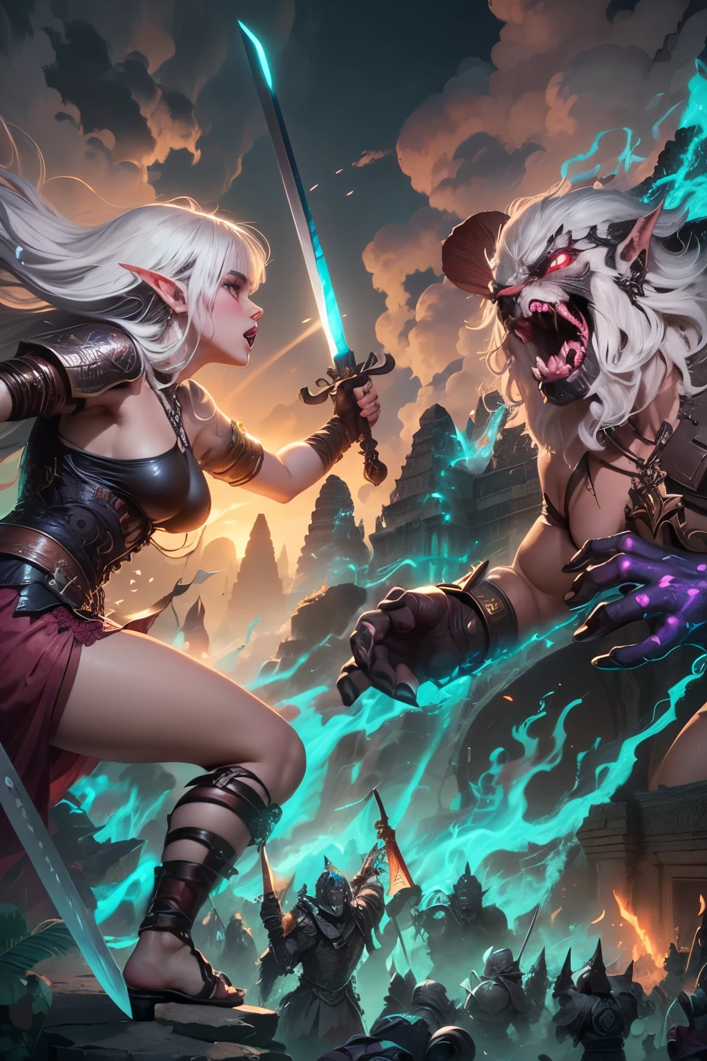 (Ultra-detailed face, Looking away, Gothic Illustration, Dark tone colors.), BREAK
(An ancient fortified city like Angkor Wat in medieval Asia. Scenes of battle with orcs on the battlefield. Fantastic. Mysterious.), BREAK
(A young female dark elf swordsman screams and roars, twisting her body in a daring pose, slashing orcs from the bottom up with a slender, slightly warped sword in her hand. The orcs are trying to swing down at her with large bush knives. The woman is depicted from a viewpoint looking down on her from above.), BREAK
(She has white hair and white eyebrows, crisp bangs, shoulder-length messy, wavy hair, small pink lips, lavender eyes, dark purple skin, and eyeliner.), (She wears an Asian-inspired lace-up dress sewn from a crimson lace fabric with cherry blossom embroidery. She wears sandals woven with thin strings of dark green soft leather.)