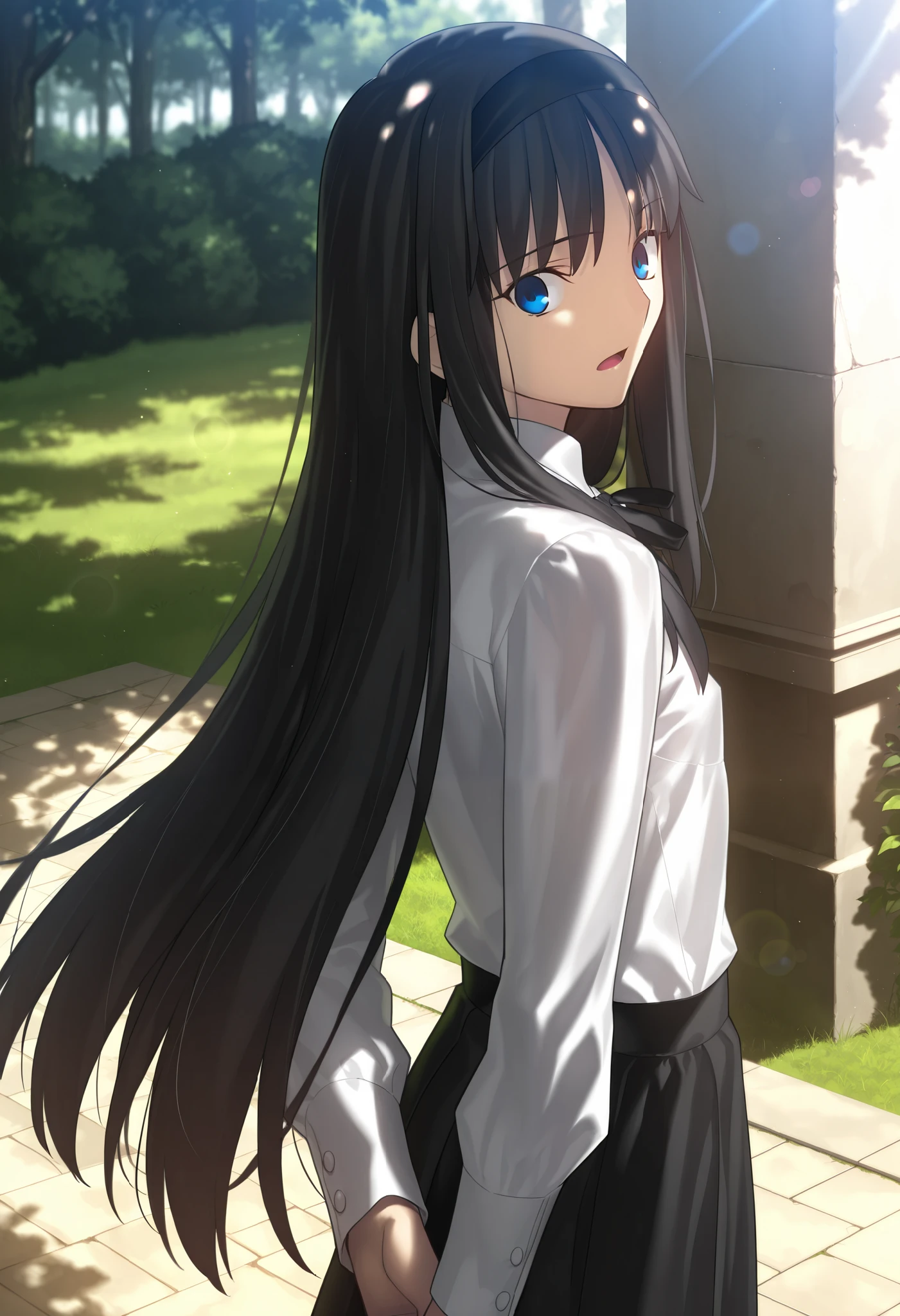 masterpiece, , absurdres, highres, detailed background, high resolution, masterpiece, necessary, detail, best quality, quality, necessary, details, High details, Precise, dark, outdoors, dappled sunlight, day, lens flare, blurry background, from above, upper body, from back,                                            
                                                                                                                                                                                                                         1girl, , Takeuchi Takashi (type-moon,tsukihime) style, takeuchi takashi style, 
   
tall girl, mature, Akiha_Tohno, (tsukihime), black hair, bangs, long hair, blue eyes, upturned eyes, black headband, straight hair, tsurime, ,(arms behind back), surprised, wide-eyed,
(white shirt, black long skirt), see-through, , undress black ribbon, small breast, flat chest, , looking at viewer, , 