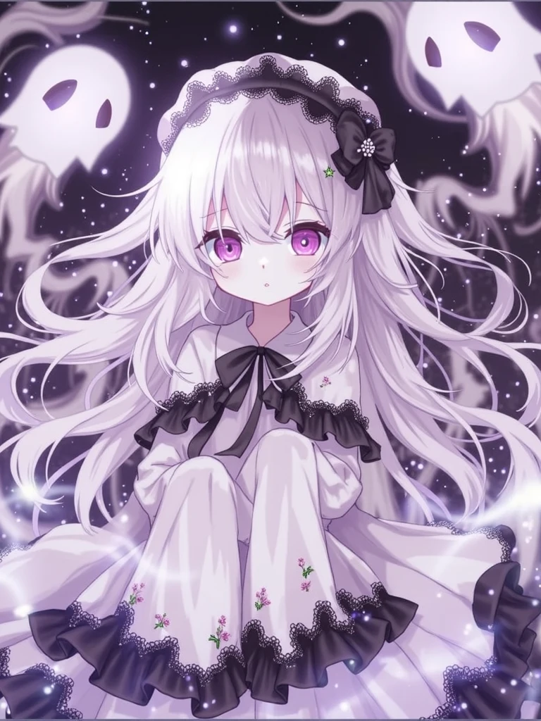 (Fraction_9,Fraction_8_Direction_7_up),(1 woman),Yellow eyes,(Sexy),puppet,Ghost baby,Light purple skin,Silver wire links the joints,Black and purple clothes,White skirt,Princess Clothes,
