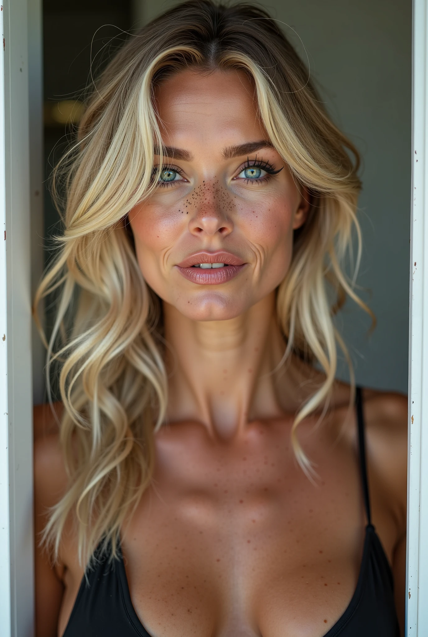 solo, photorealistic, best quality, hyper detailed, (((38-year-old Norwegian woman))), (((mature-looking face))), (((high detailed skin texture and pores))), (((moles))), (((high detailed deep wrinkles))), (((medium length wavy blonde hair))), (((Norwegian eyes))), (((Norwegian face))), (((Norwegian nose))), (((Norwegian lips))), (((Norwegian body type))), (((realistic nipples))), BREAK, ((full body shot)), ((she's nude)), siting (dynamic pose) down, ((background: nude beach)), seductive, smile, BREAK, to8contrast style, (dimly lit, low lit, deep focus, harsh shadows), (dark scene:1.2), cinematic lighting, ((looking at viewer))