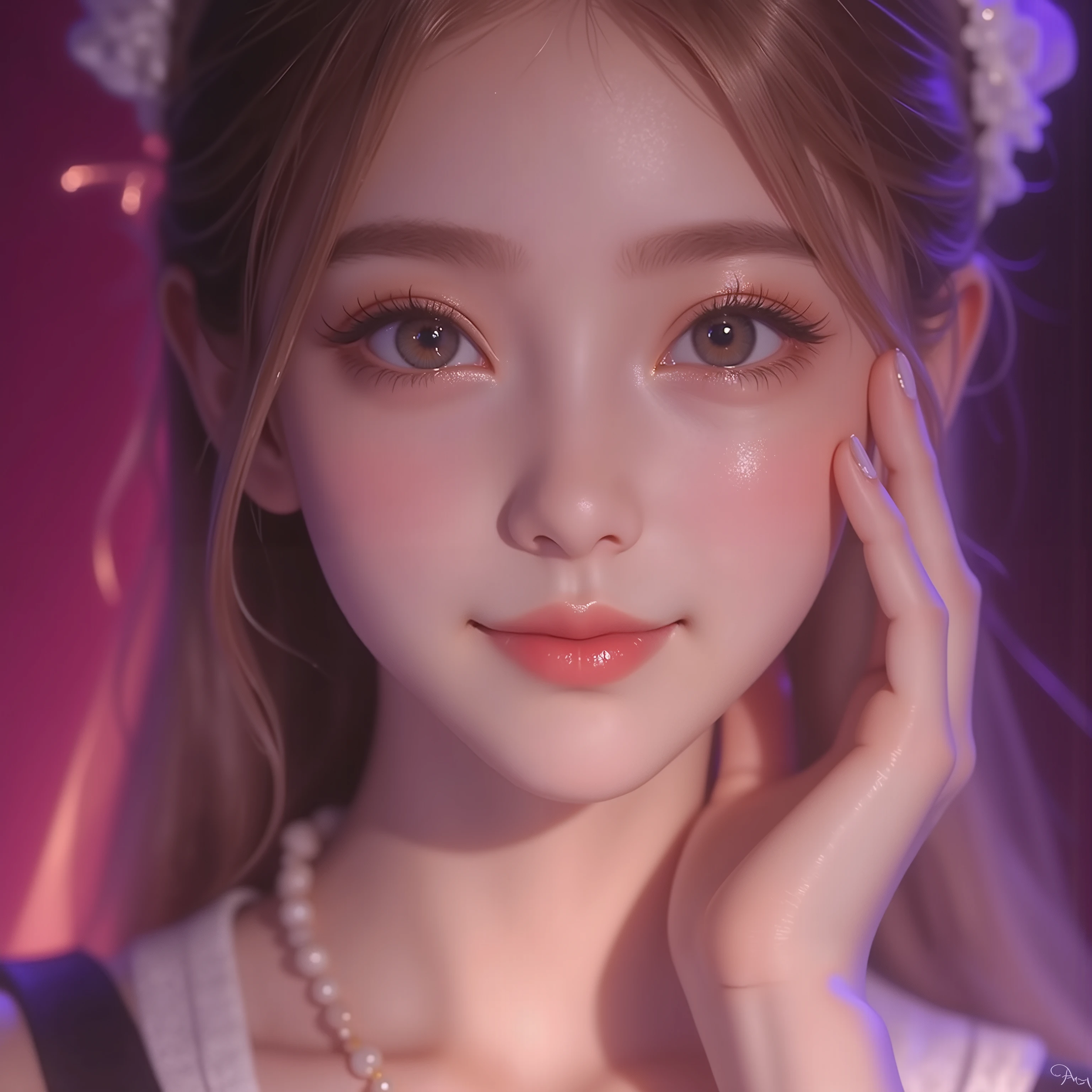 ((Bust))(( masterpiece, Top Quality, high resolution, highly detailed CG unified  8,000 wallpaper, 未经处理的photo))，front,( 8,000 Ultra HD、DSLR、Soft Light、high quality、Volumetric Lighting、frank、photo、high resolution、4K、 8,000、Bokeh)，(detailed eye and facial details， warm color , Very Saturated，to show a charming smile, perfect face, pretty face,  dark eyes ，  Clear Skin Visible ,  white zepi ，cosmetic,  necklace, Jewelry，veil，Hair accessories)，(Create stunning images of real girls, Warm light,  dynamic pose,  Elegant posture , cowboy lens,  从front看起来很自信 ，facing camera， golden ratio graphic， Minimalist, ), （Learning background）, Russian schoolgirls，light blond hair、Gradient Hairstyle，（sexy， Perfect breast shape 、 very detailed breasts ， 34E Cup ），（High waist， waist hollow ，Levan ）（(One hand holds the cheek)）((Place your right hand on your cheek))（pink purple background）（The background has a light effect，Halo，Rich background）