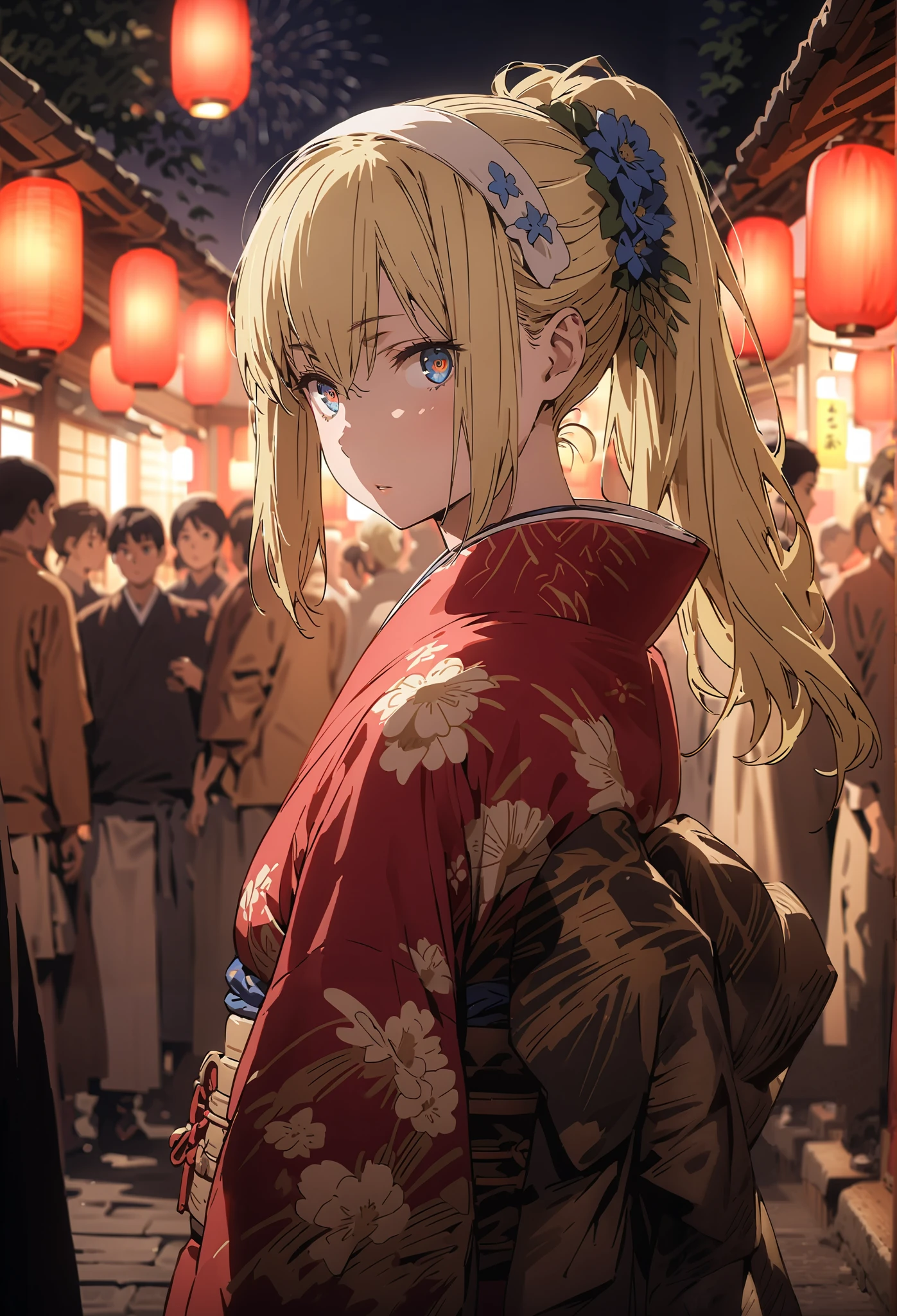 Eyes Wallenstein, Eyes Wallenstein,blond hair between eyes, white hair band, , and the eyes are, ponytail,flower hair ornament,Blue flower pattern kimono,standing,Light up fireworks,Red Lantern,Japanese stalls ,full bodyがillustrationsに入るように,break outdoors,Japanese festival,
break looking at viewer,full body,
break (masterpiece:1.2), best quality, high definition, Unity 8k 壁紙, (illustrations:0.8), (beautiful detailed eyes:1.6), Highly Detailed Face, so that it fits into the illustration, extremely detailed CG, (Perfect Hand, PERFECT ANATOMY),
