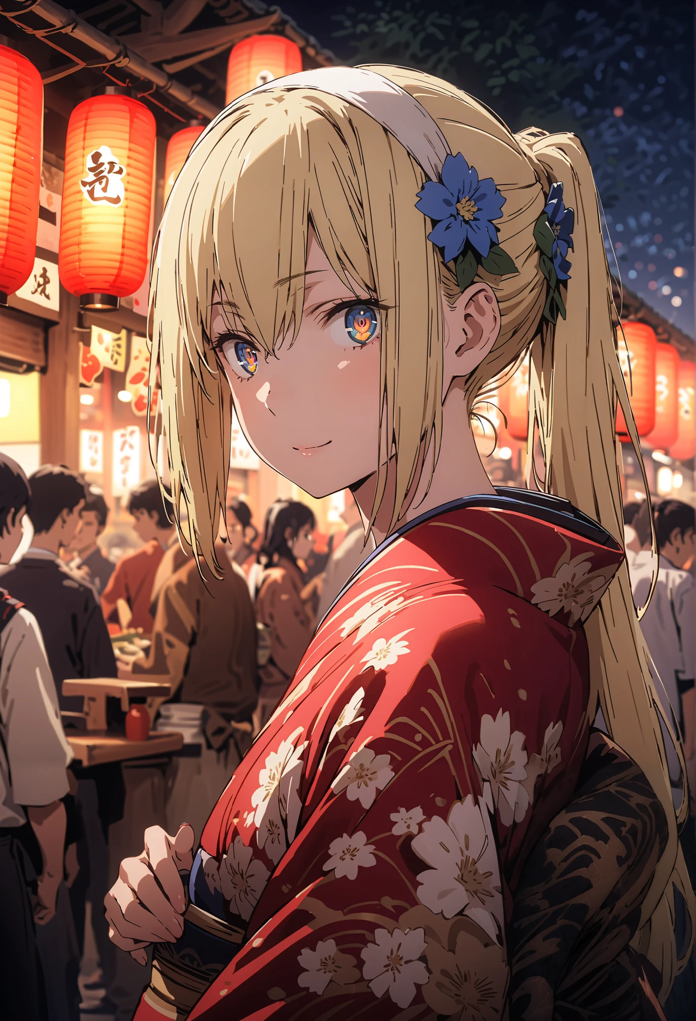Eyes Wallenstein, Eyes Wallenstein,blond hair between eyes, white hair band, , and the eyes are, ponytail,smile,cover,close your mouth,flower hair ornament,Blue flower pattern kimono,standing,Light up fireworks,Red Lantern,Japanese stalls ,full bodyがillustrationsに入るように,break outdoors,Japanese festival,
break looking at viewer,full body,
break (masterpiece:1.2), best quality, high definition, Unity 8k 壁紙, (illustrations:0.8), (beautiful detailed eyes:1.6), Highly Detailed Face, so that it fits into the illustration, extremely detailed CG, (Perfect Hand, PERFECT ANATOMY),