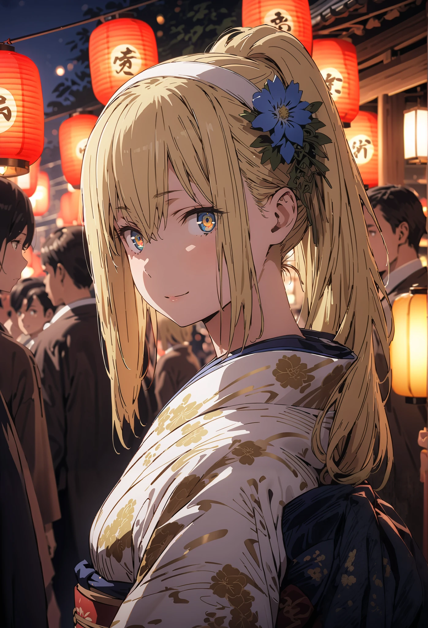 Eyes Wallenstein, Eyes Wallenstein,blond hair between eyes, white hair band, , and the eyes are, ponytail,smile,cover,close your mouth,flower hair ornament,Blue flower pattern kimono,standing,Light up fireworks,Red Lantern,Japanese stalls ,full bodyがillustrationsに入るように,break outdoors,Japanese festival,
break looking at viewer,full body,
break (masterpiece:1.2), best quality, high definition, Unity 8k 壁紙, (illustrations:0.8), (beautiful detailed eyes:1.6), Highly Detailed Face, so that it fits into the illustration, extremely detailed CG, (Perfect Hand, PERFECT ANATOMY),