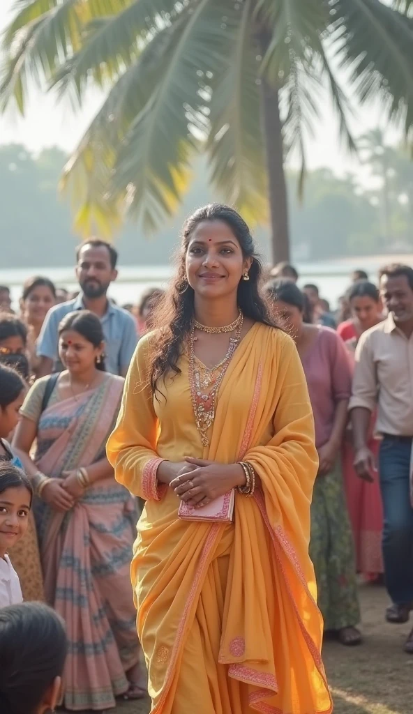 A 24 years old american woman with a large-sized, full figured body shape, ivory white round-shaped face,
She is seen at an orphanage, surrounded by children. Wearing a traditional simple fitted churidar, her sagging breasts are modestly covered. She announces a scholarship program funded by her wealth, ensuring that every child in the orphanage can receive a quality education. The children gather around her, some hugging her, while others show off their new school supplies. Her wealth is clearly being used for the betterment of these young lives.. . she has big breasts.
Highlighting her every curves, figure,shape.She has a small nose piercing. wearing browline eyeglasses."Tisca chopra's face