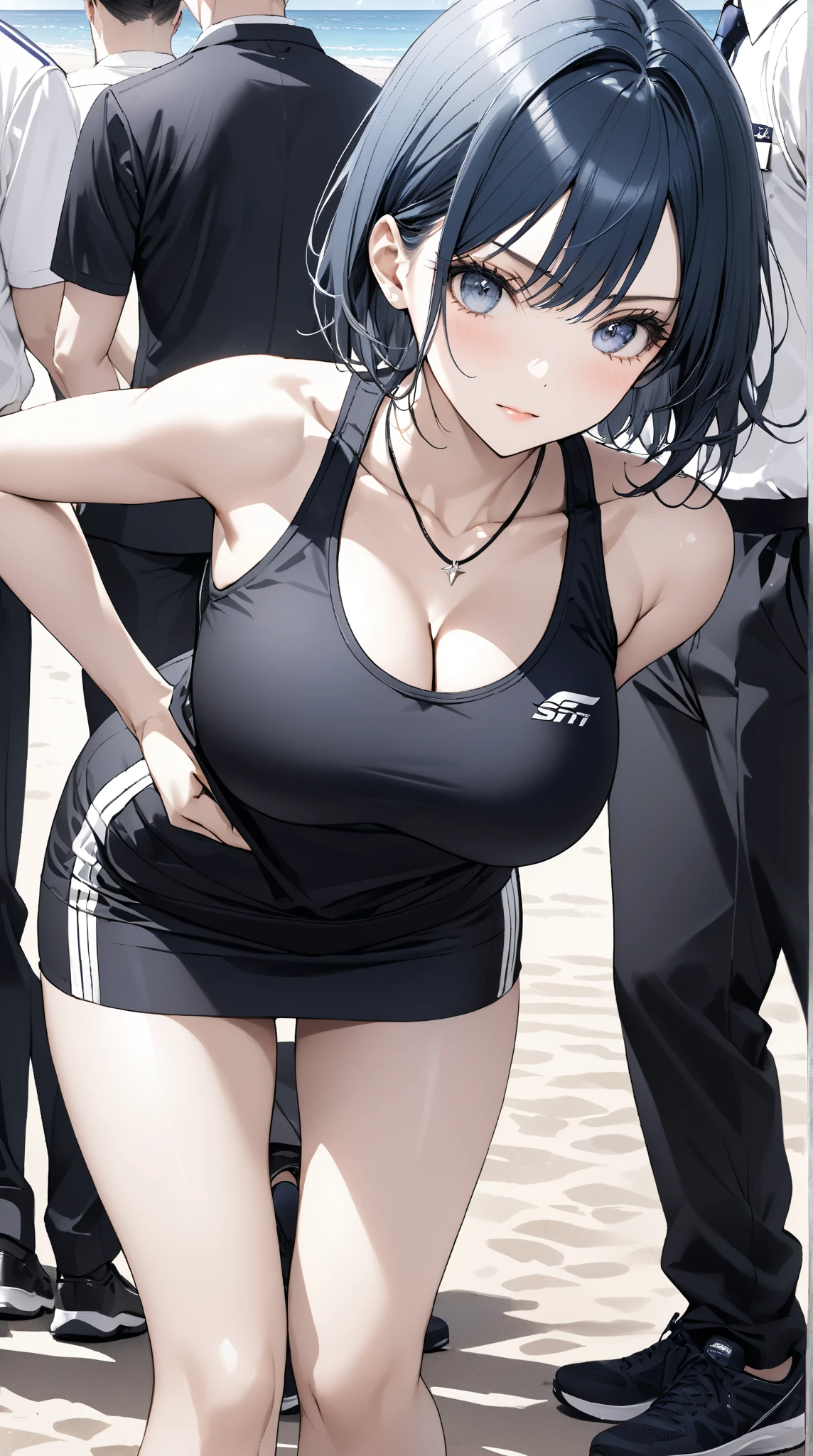 (8K,Highest quality,masterpiece:1.2),(detailedな瞳),(detailed),(detailedな手指),High quality CG Unity 8k Huge file size,Ultra fine,High resolution,Beautiful Eyes,Ray Tracing,Dramatic Shadows,delicate,Hyper Detail,Navy blue volleyball pants、Bloomers、Black knee-high socks、Tank top volleyball wear with white logo、gigantic breast、Big Ass、Big thighs、(Very wet)、Cowboy Shot、Blushing、(Facing the front of the body)、((squat))、very hot、Sweat a lot、(White Breath)、(Haa)、Embarrassing、((View your viewers))、((Simple Background))、((Spread your legs wide))、(Keep your hands behind your head)