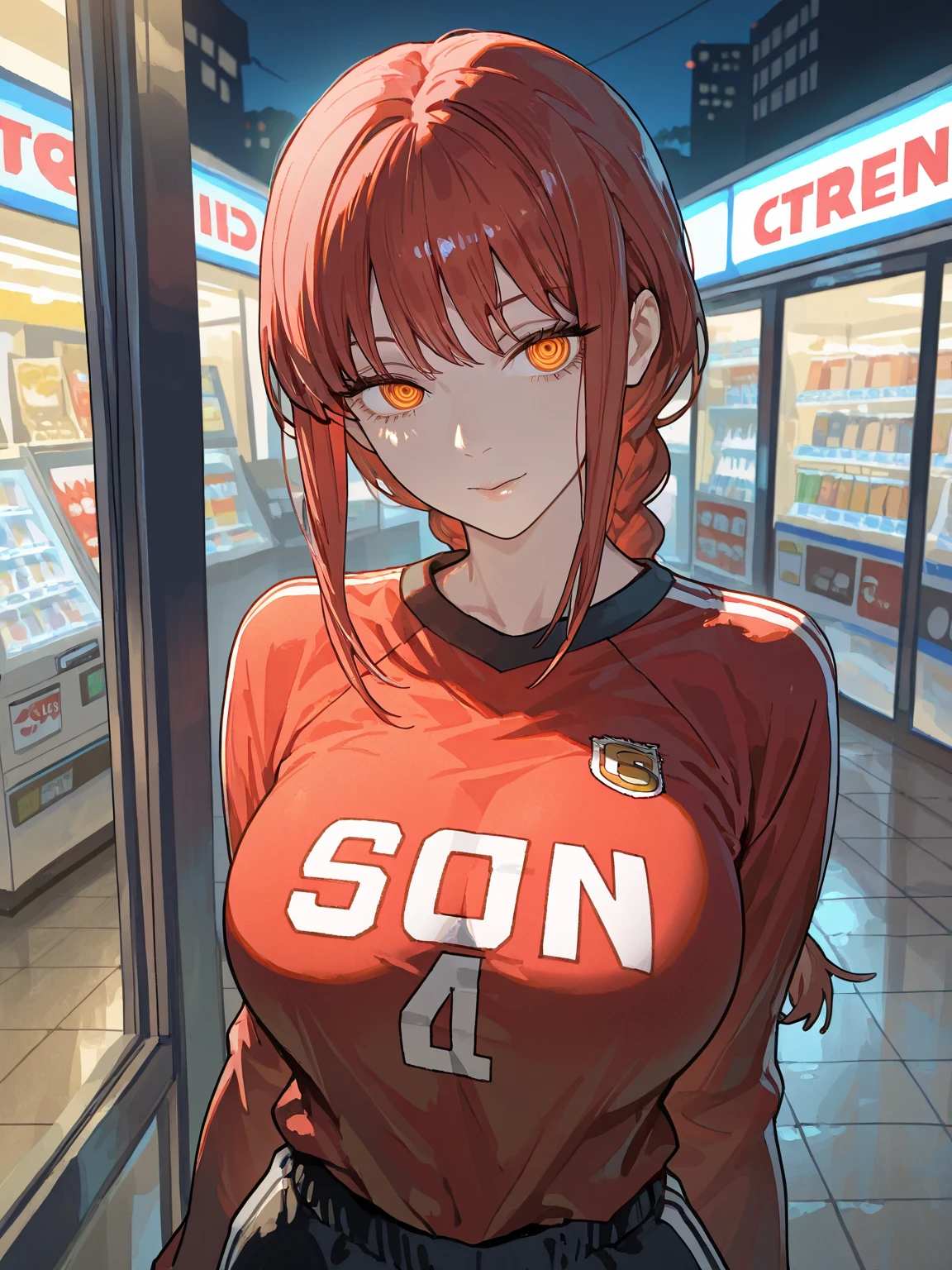 1girl,solo,makima \(chainsaw man\), chainsaw man,super detailed skin,shiny skin,seductive look ,eyelashes,lips gloss,red hair,sidelocks,a braid, large breasts,cleavage cutout,tracksuit ,off-street,convenience store,masterpiece,best quality,ultra detailed,high resolution,sharp focus