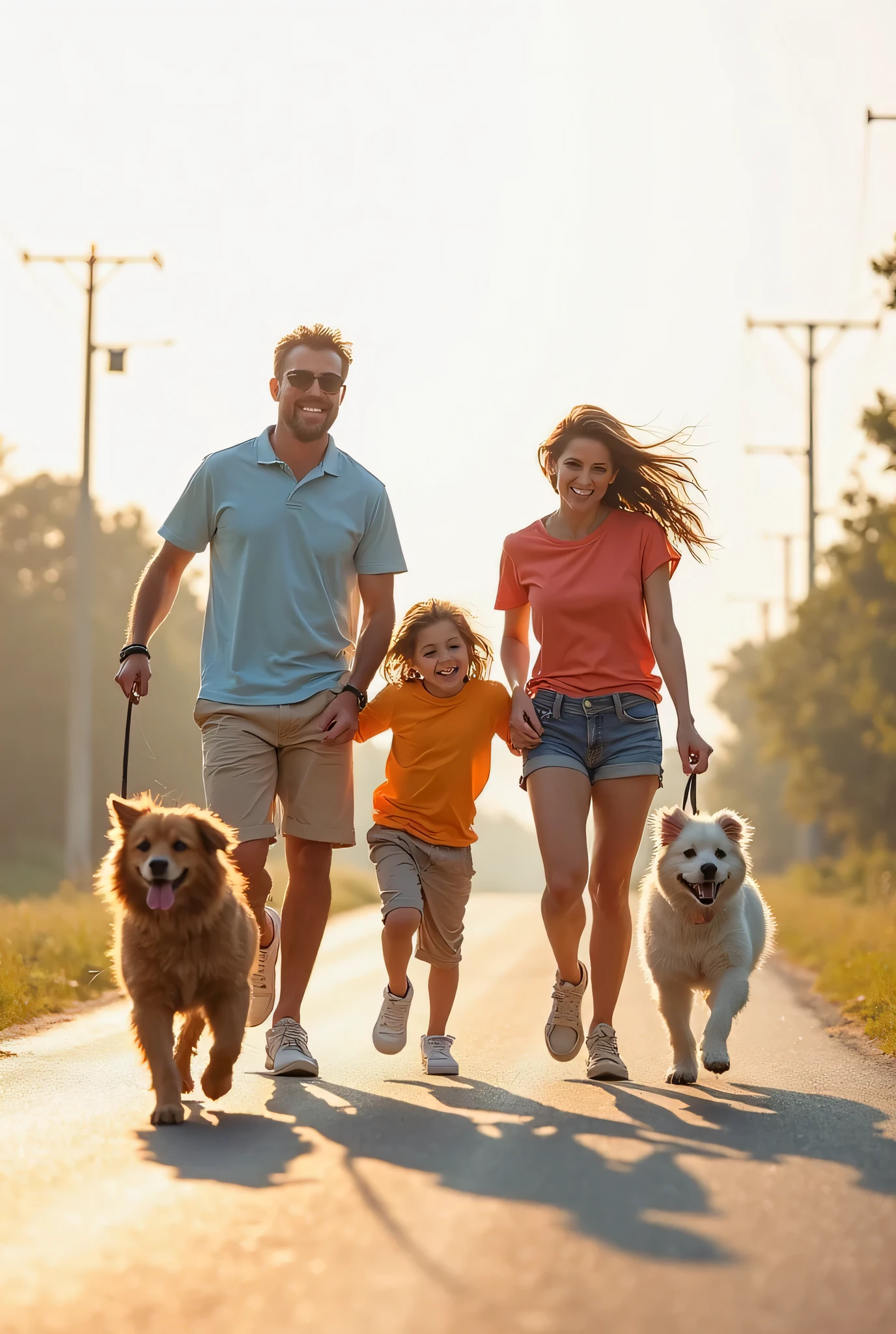 There are a group of people and a dog running on the grass, Family Play, Warm and convivial atmosphere, you can see in the picture, Firm gaze, aldult, guide, friendly, High resolution details,Lovely Features, photo, Attractive features, realistic lens,Ultra-high-definition picture quality,4k