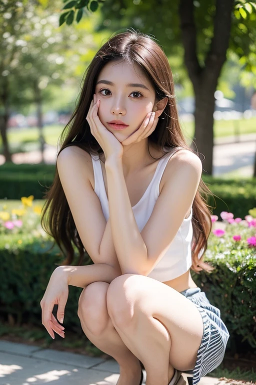  (masterpiece, top quality, best quality,1girls,Korean, beautiful face, smile, long hair, 19 years old, Tank top, shorts, White shoes, hills, full body view, sunset，Bangs to eyebrows、Beautiful brown hair、Beautiful and delicate eyes、Brown eyes、Raise an eyebrow、High Nose、Small nostril、Little mouth、Tempting lips、Mouth slightly open、Beautiful breasts、Full body、Oval face, Both eyes, Both eyes皮, Long eyebrows, Long eyelashes, A faint smile, Chest 32 inches,The face is good, Perfect proportion、Perfect Anatomy、Perfect composition、Beautiful and detailed shadows、beautiful natural light、beautiful detailed glow、Depth of Field，