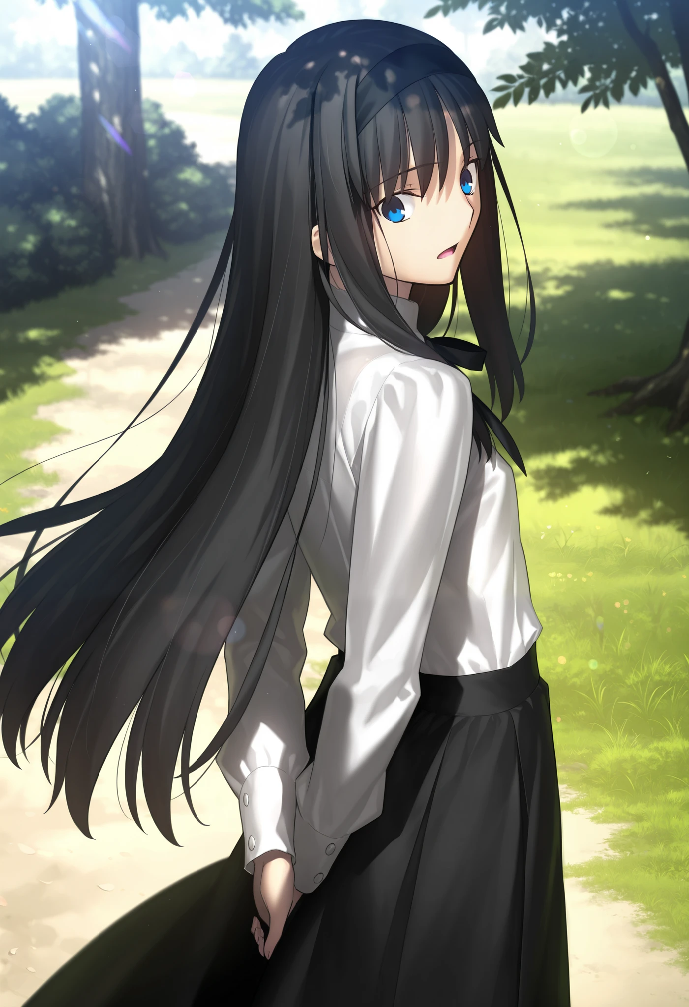 masterpiece, , absurdres, highres, detailed background, high resolution, masterpiece, necessary, detail, best quality, quality, necessary, details, High details, Precise, dark, outdoors, dappled sunlight, day, lens flare, blurry background, from above, upper body, from back,                                            
                                                                                                                                                                                                                         1girl, , Takeuchi Takashi (type-moon,tsukihime) style, takeuchi takashi style, 
   
tall girl, mature, Akiha_Tohno, (tsukihime), black hair, bangs, long hair, blue eyes, upturned eyes, black headband, straight hair, tsurime, ,(arms behind back), surprised, wide-eyed,
(white shirt, black long skirt), see-through, , undress black ribbon, small breast, flat chest, , looking at viewer, , 