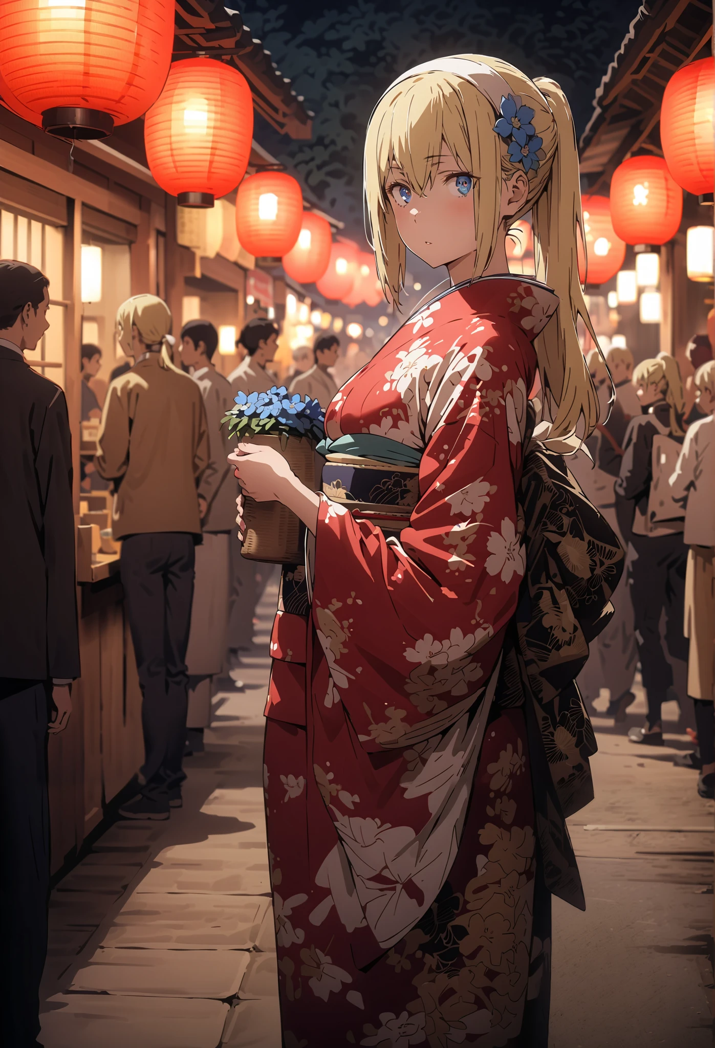 Eyes Wallenstein, Eyes Wallenstein,blond hair between eyes, white hair band, , and the eyes are, ponytail,flower hair ornament,Blue flower pattern kimono,standing,Light up fireworks,Red Lantern,Japanese stalls ,full bodyがillustrationsに入るように,break outdoors,Japanese festival,
break looking at viewer,full body,
break (masterpiece:1.2), best quality, high definition, Unity 8k 壁紙, (illustrations:0.8), (beautiful detailed eyes:1.6), Highly Detailed Face, so that it fits into the illustration, extremely detailed CG, (Perfect Hand, PERFECT ANATOMY),