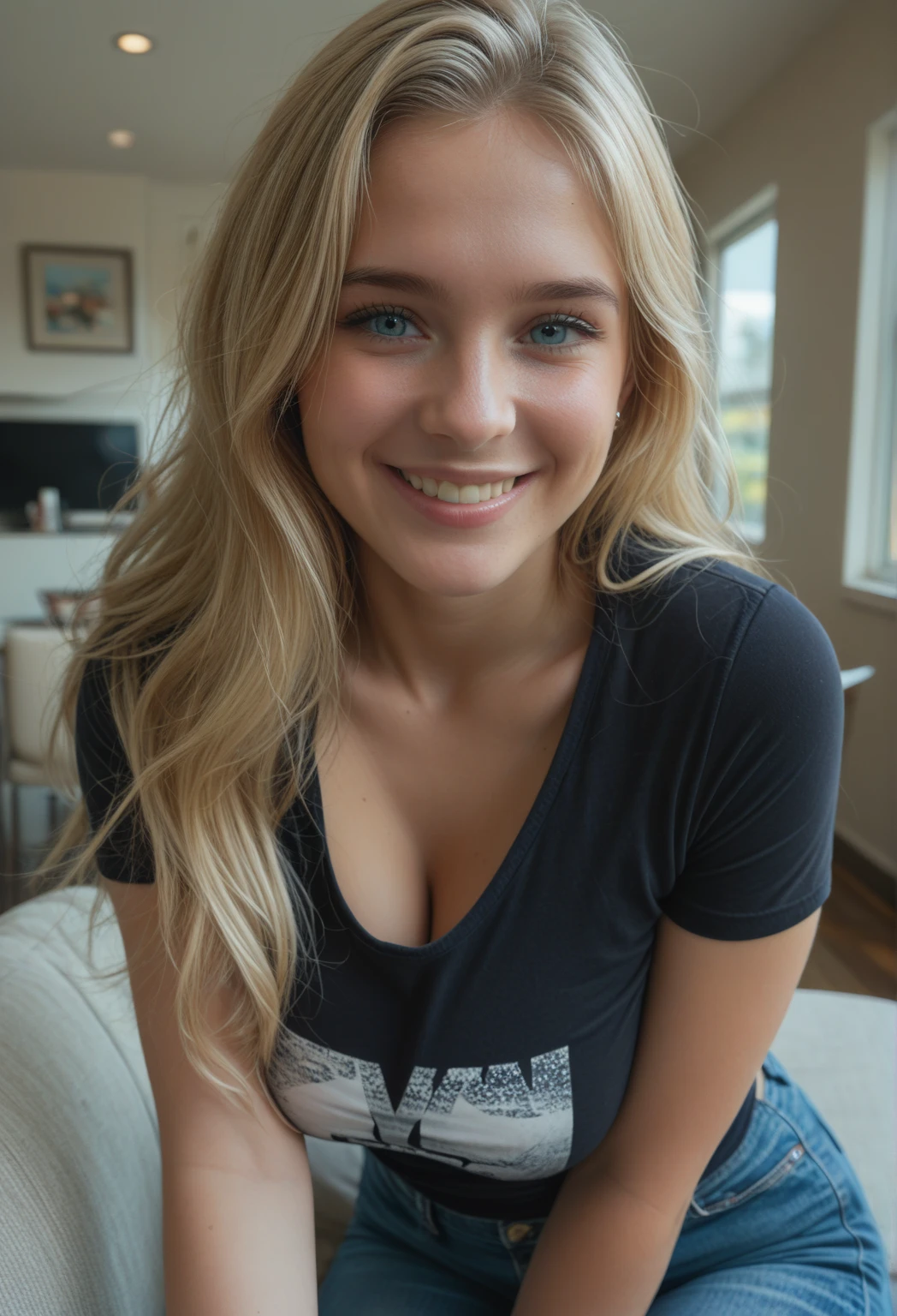 A photo of a beautiful 23 year old Madison Frost, [Amber Heard:Lili reinhart: 0.8], blue eyes BREAK, ((long blonde hair)), wearing private , sexy high school girl, smiling, posting for the camera, sitting on her study desk, full body view, dynamic pose