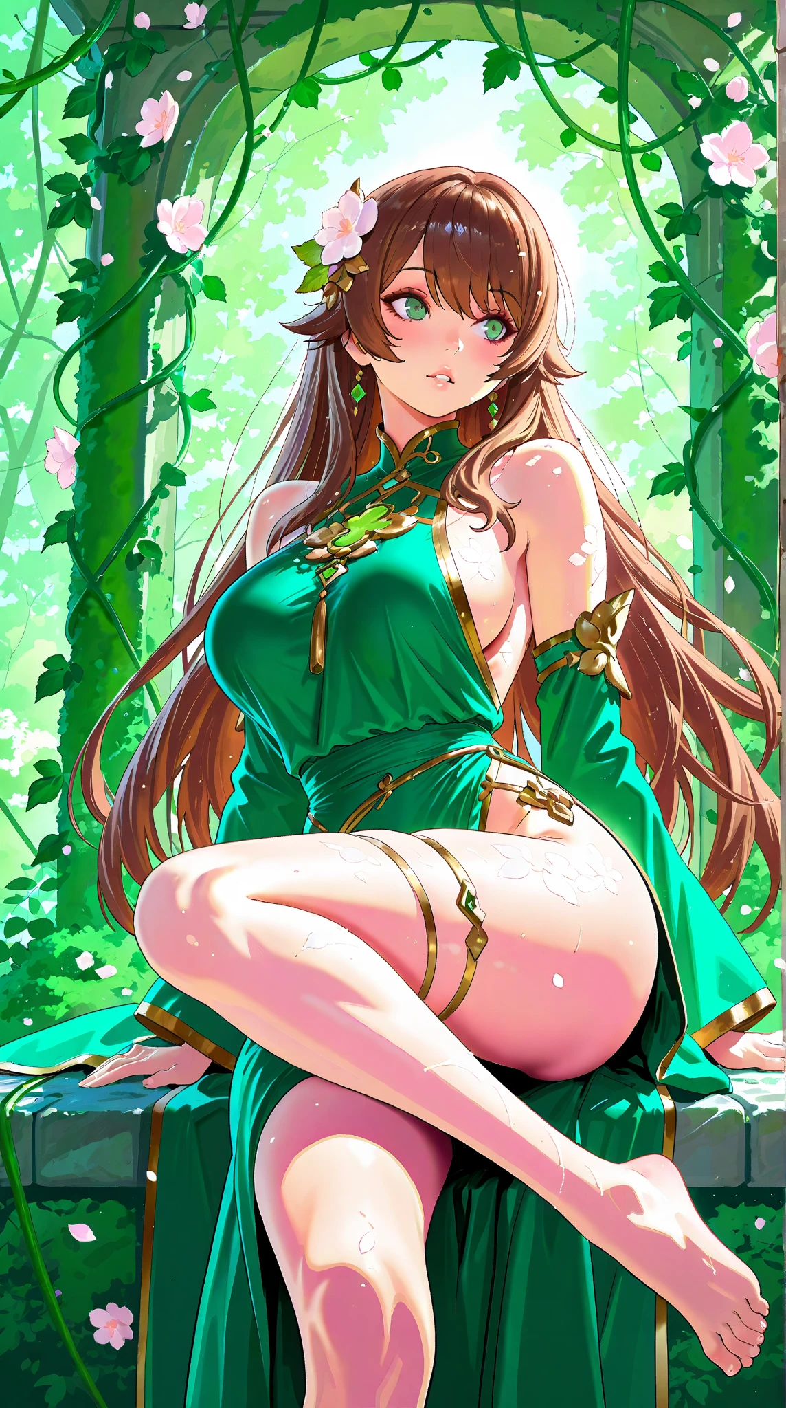 Thalia, a giant of 70 meters, emerges from a dense forest at dawn, her green skin glowing with a natural glow. Her long brown hair falls in loose curls over her shoulders.. Naked and wild, stands in a clearing, Her posture is powerful and sensual., with one leg forward and one hand caressing a nearby tree. His eyes full of calm and desire observe the tiny humans at his feet.. With a serene smile, gently crushes a person under your foot. His robust body exudes an aura of natural eroticism, enveloping everyone in a spell of submission and fascination.