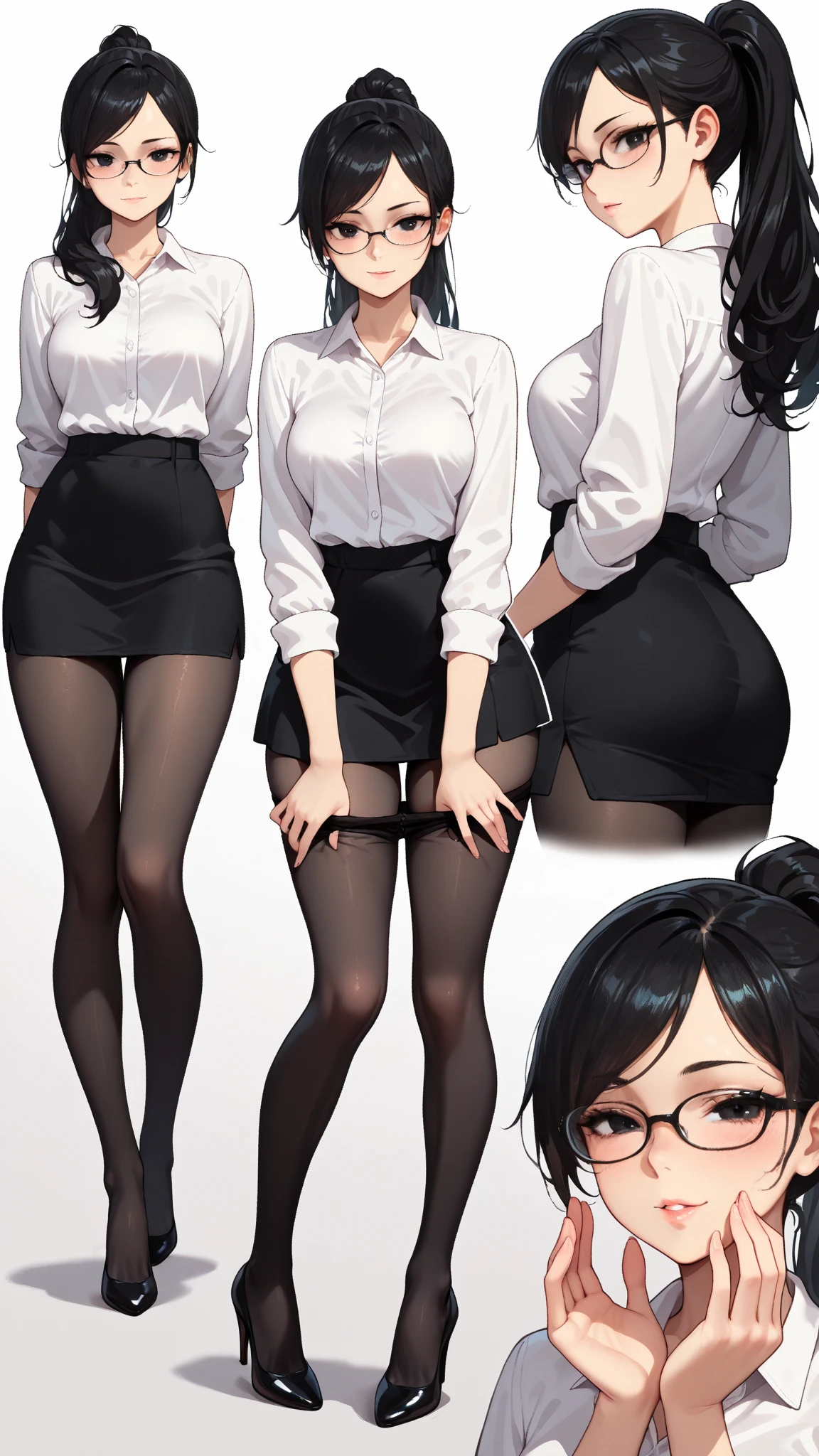 1girl, 2d, anime style, skinny body, Anime girl wearing crop top, pantyhose, thong, kneels, light grey short hair, pose picture of her sexy pose, highly detailed, 8k, character sheet, white background, best quality, from behind, open pussy