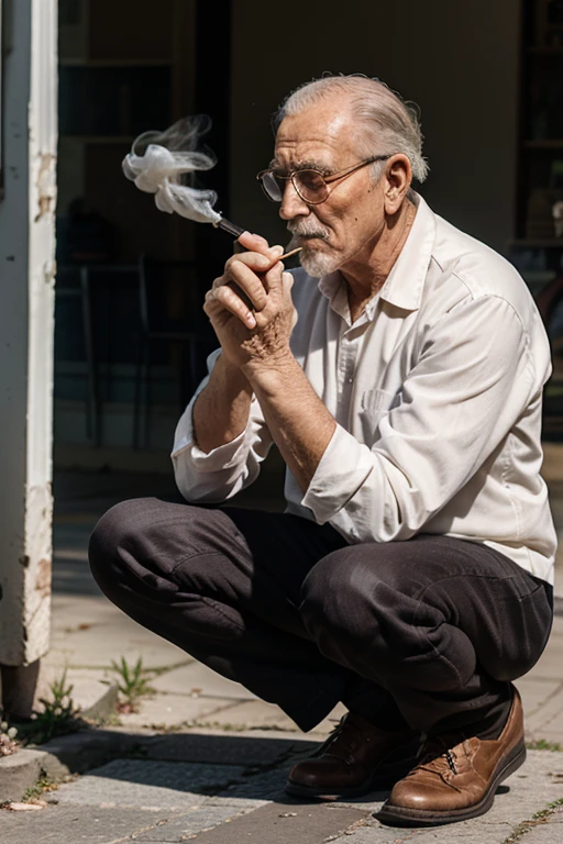 An old man smoked in the yard