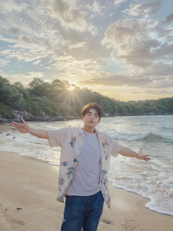 A young man is standing on the edge of a deserted beach. Her hair and white clothes are ruffled by the strong wind, which gives the scene a feeling of fragility and sadness. His pale green eyes reflect the melancholy of his surroundings, as he holds one hand over his chest, as if in deep introspection or emotional pain. The sky above him is a gradient of dark blue and pink, with occasional rays cutting through the dark clouds, adding to the dramatic and somber tone of the setting. The combination of the landscape and the young man's posture convey a deep feeling of loneliness and desolation.